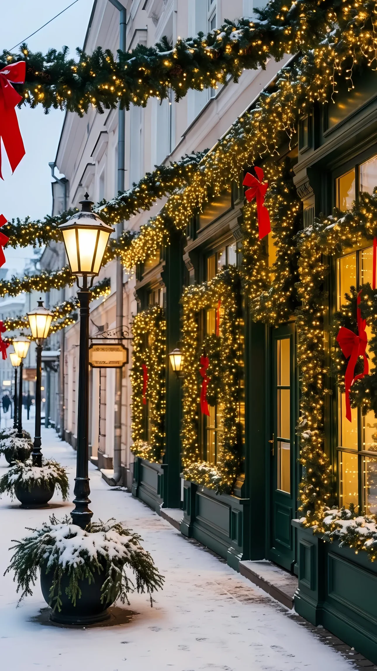 Elevate your holiday designs with this charming winter scene featuring festive lights and red bows. Perfect for high-end seasonal campaigns.