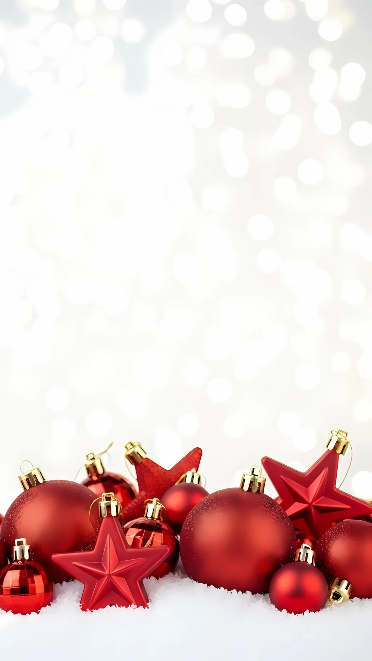 Elevate your holiday designs with this vibrant Christmas ornament arrangement, featuring rich red tones and a festive bokeh backdrop. Perfect for seasonal marketing.