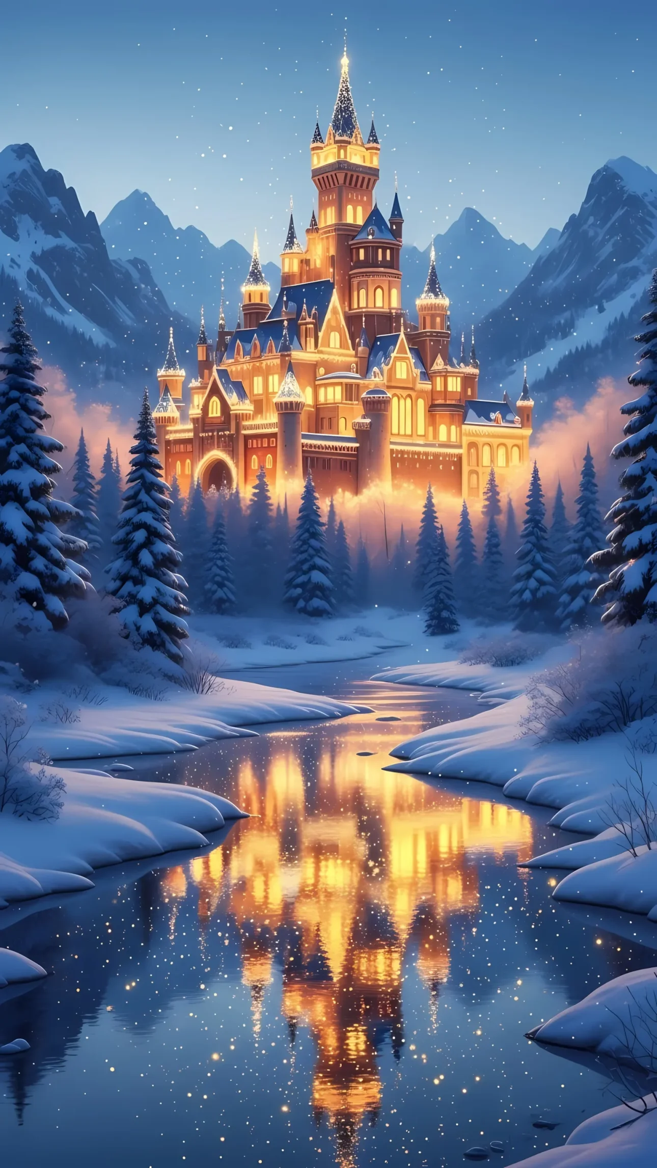 Elevate your designs with this enchanting castle illustration featuring a winter wonderland. Perfect for high-fantasy projects and holiday-themed designs.