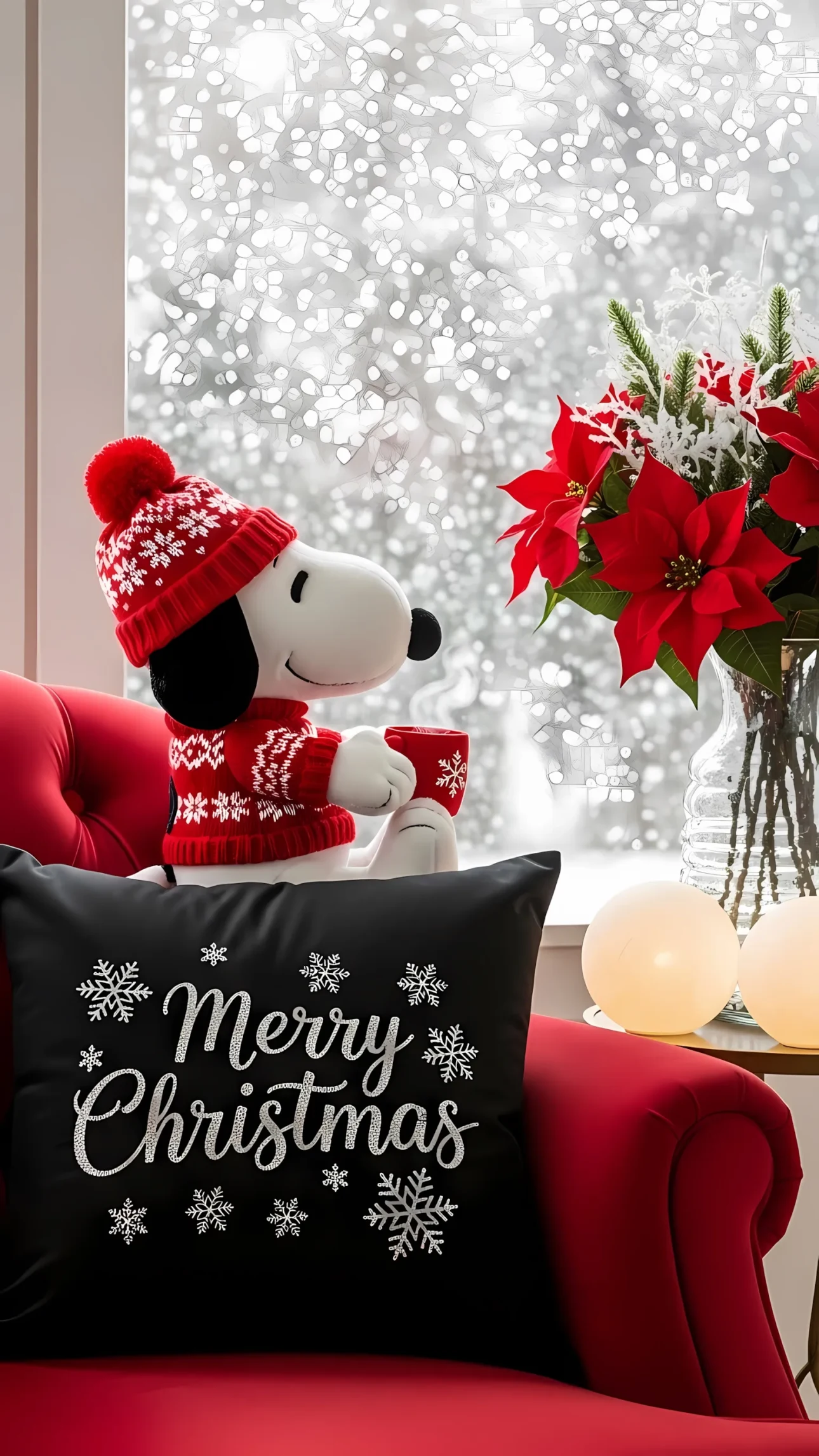 Elevate your holiday designs with this charming Snoopy scene featuring festive decor. Perfect for seasonal cards and heartwarming projects.