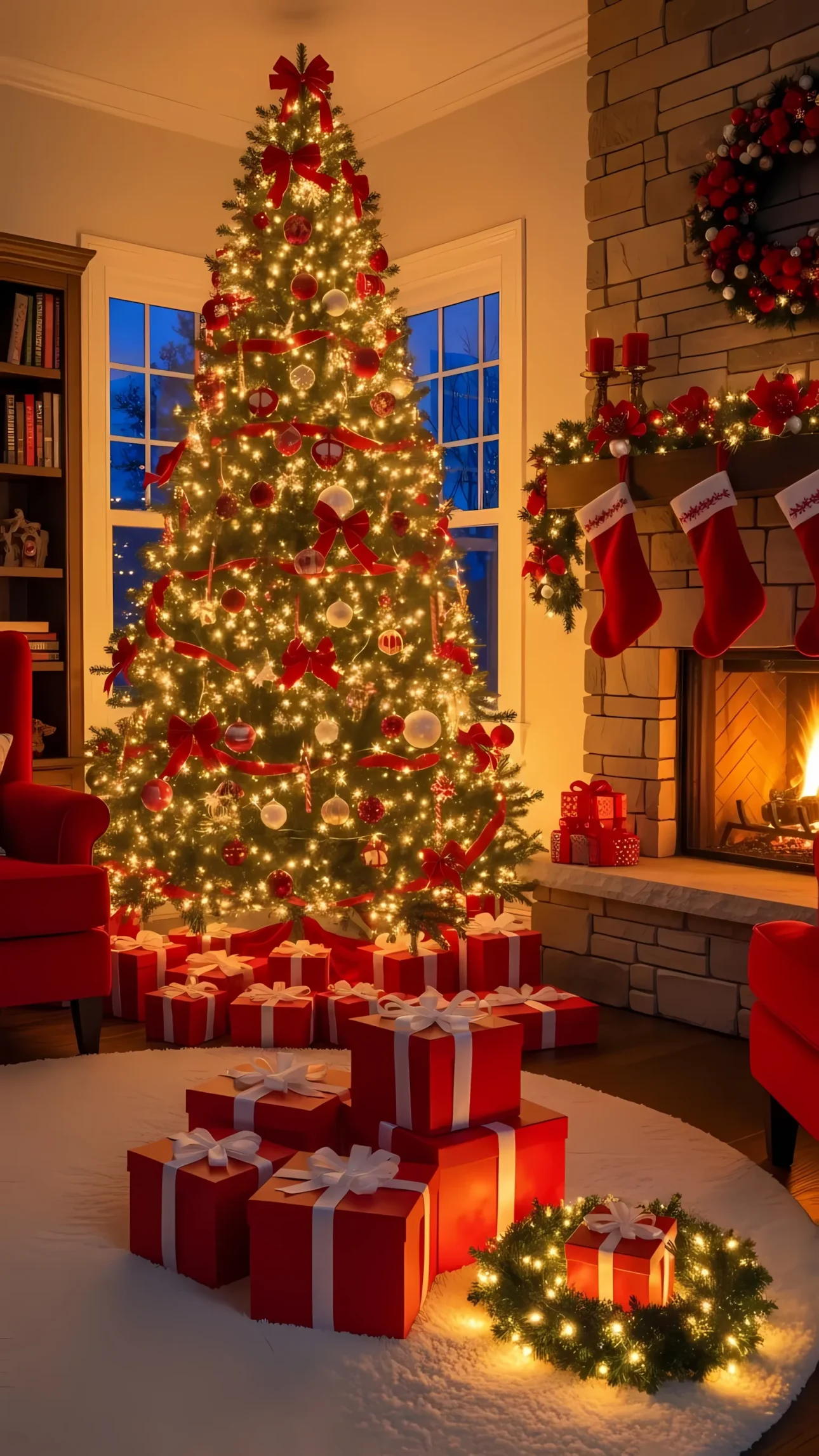 Elevate your holiday designs with this festive Christmas scene featuring a decorated tree and fireplace. Perfect for seasonal campaigns and heartwarming projects.