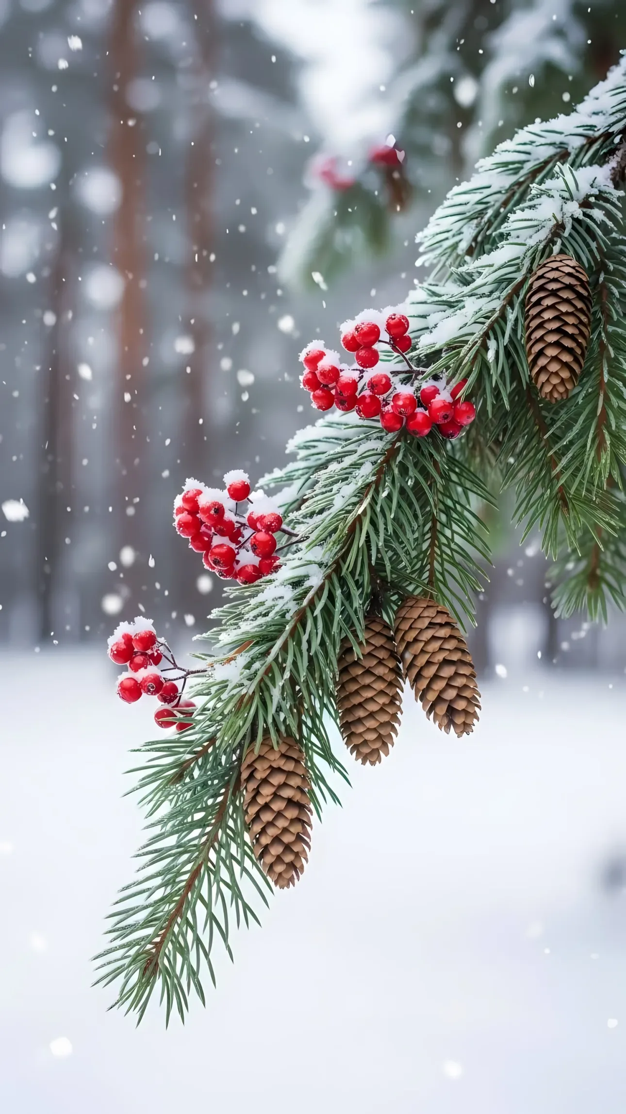 Elevate your designs with this winter scene featuring snow-covered pine branch and red berries, perfect for seasonal projects and holiday themes. Ready for commercial use.