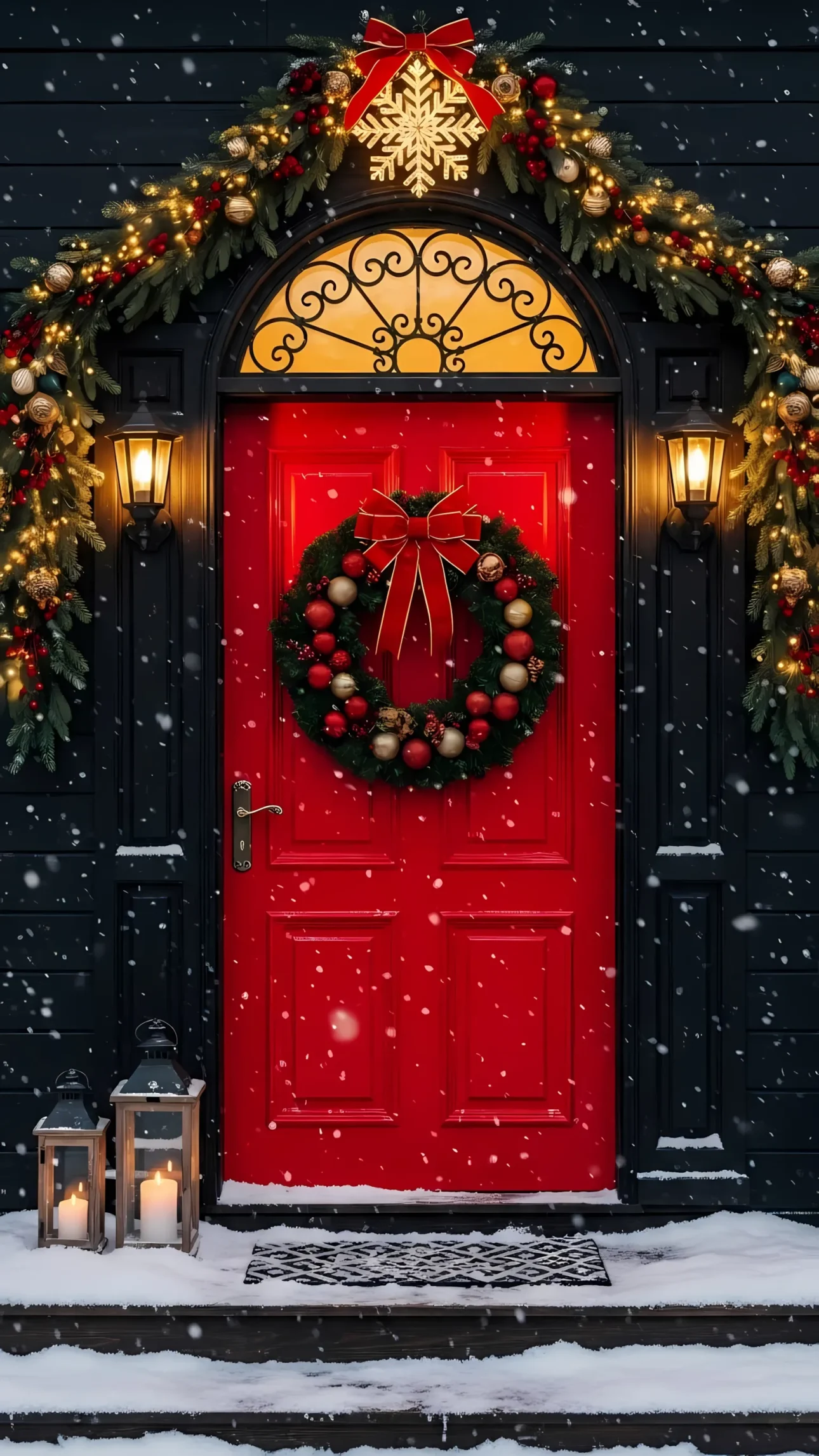 Elevate your holiday designs with this festive red door scene featuring a Christmas wreath and falling snow. Perfect for seasonal marketing campaigns.
