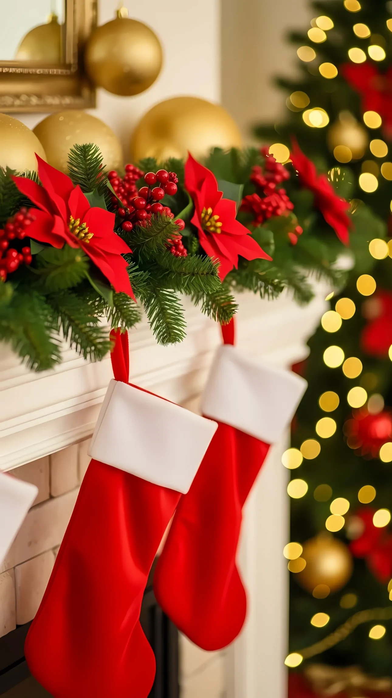 Elevate your holiday designs with this Christmas stocking scene featuring poinsettias, perfect for creating a cozy, festive atmosphere. Ready for seasonal campaigns.