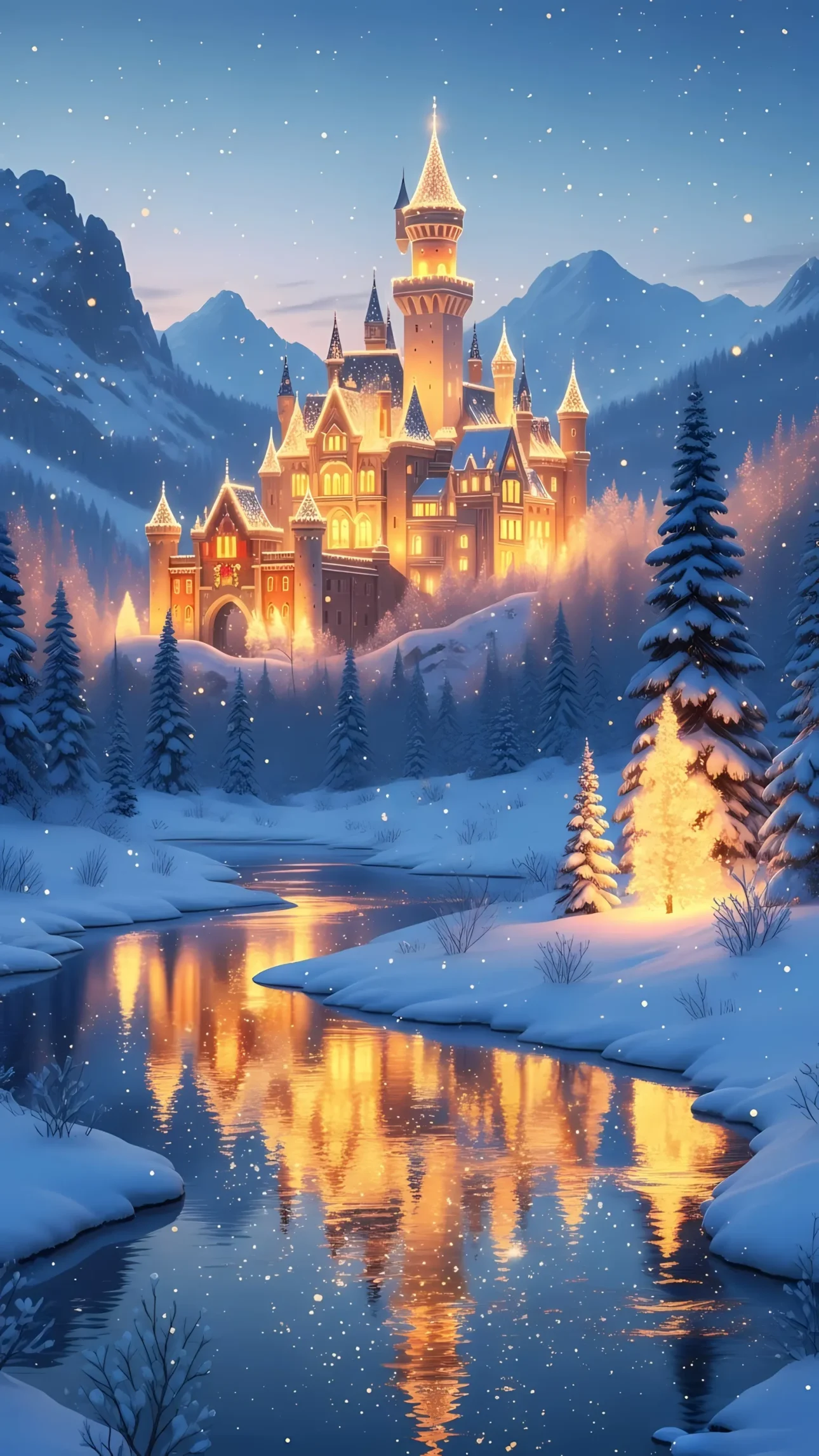 Evoke winter magic with this castle scene featuring a snow-covered landscape and river reflections. Ideal for holiday designs and fantasy projects. Ready for commercial use.