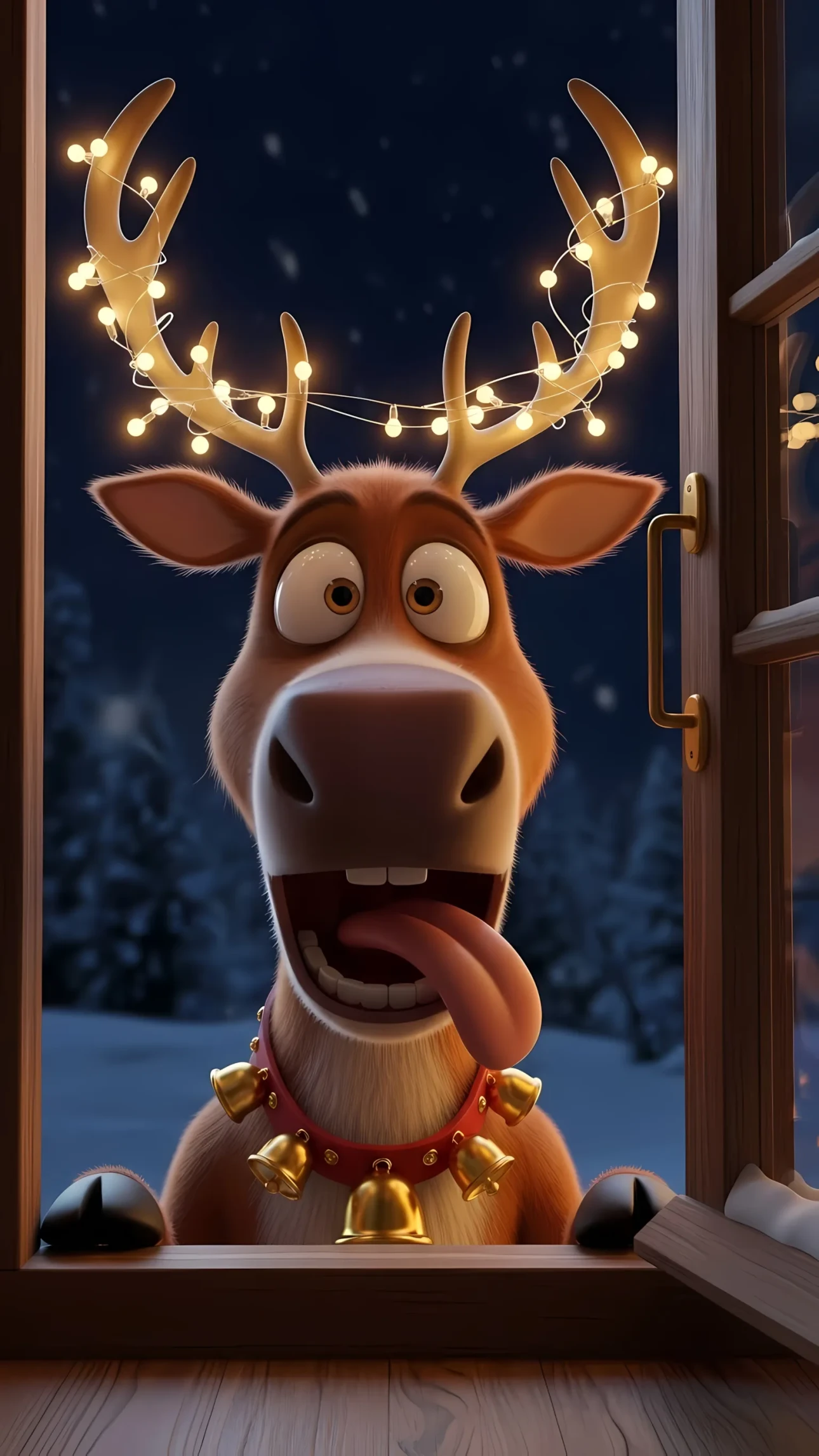 Elevate your holiday designs with this cartoon reindeer illustration featuring festive lights and a playful expression. Perfect for seasonal marketing projects.