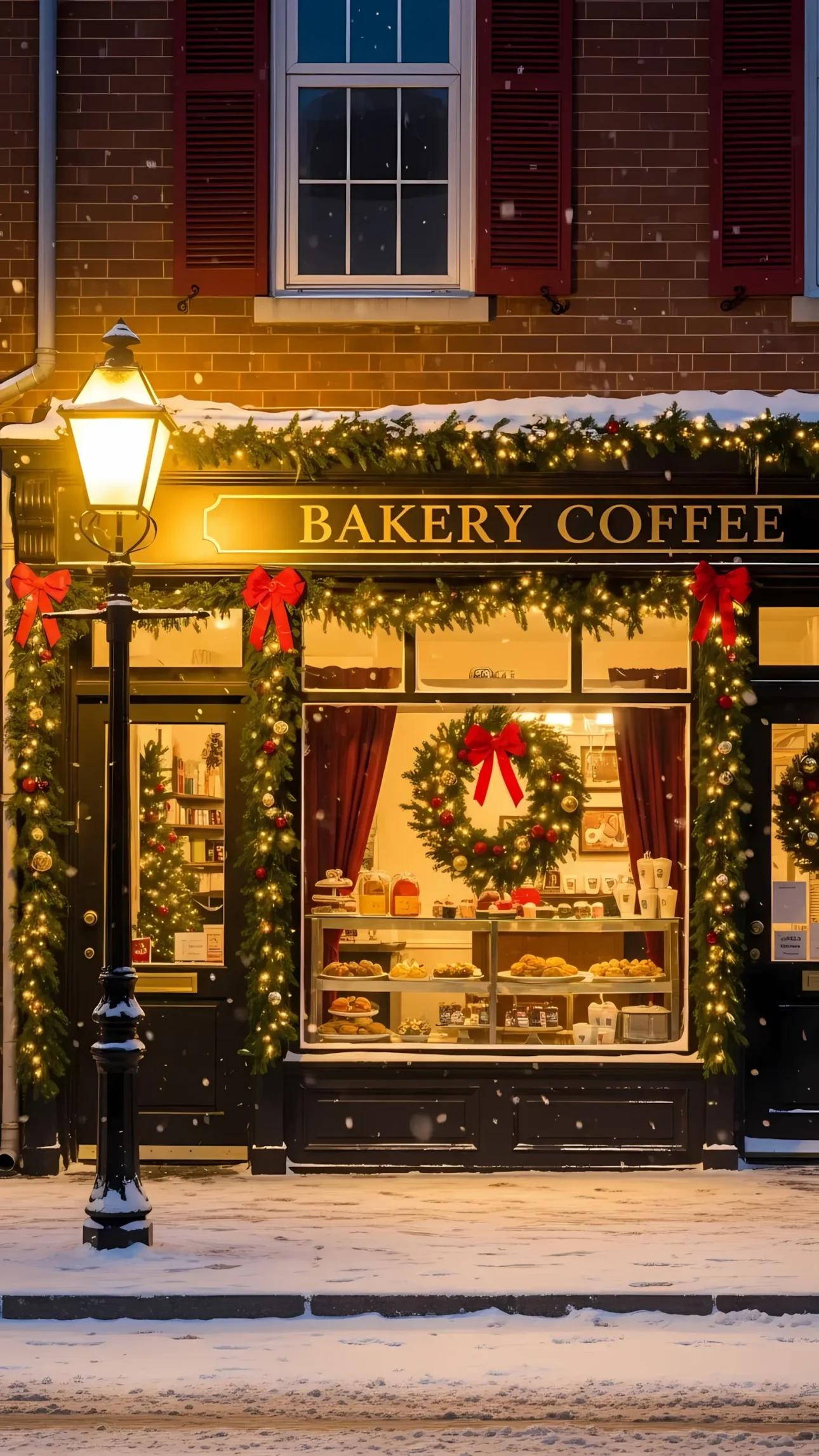 Showcase a charming bakery coffee shop adorned with festive Christmas decorations in a snowy scene. Perfect for holiday promotions and seasonal designs.