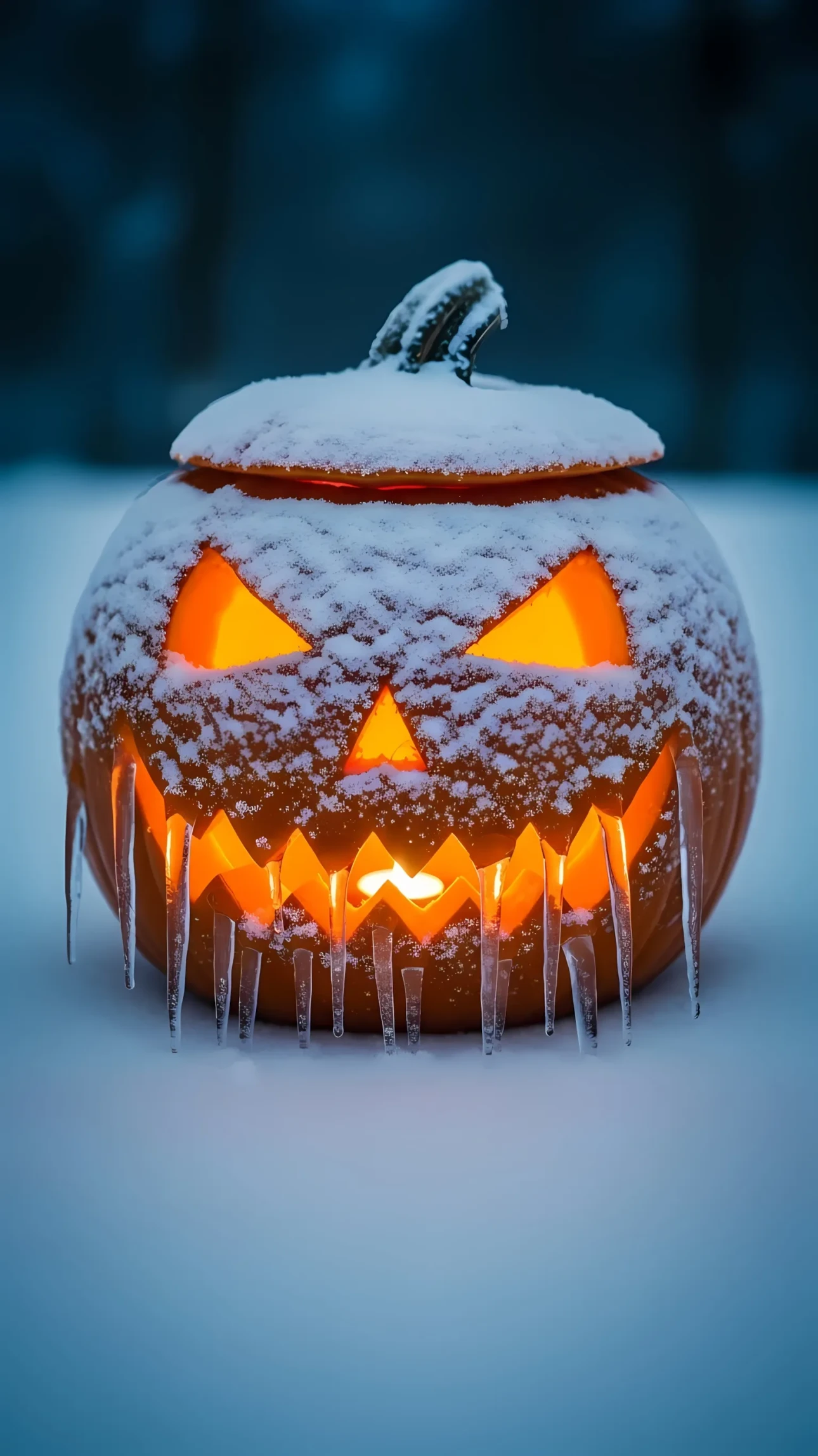 Evoke chills with this icy Jack-o'-lantern photo. A premium design asset, perfect for adding a spooky, wintery touch to your Halloween designs.