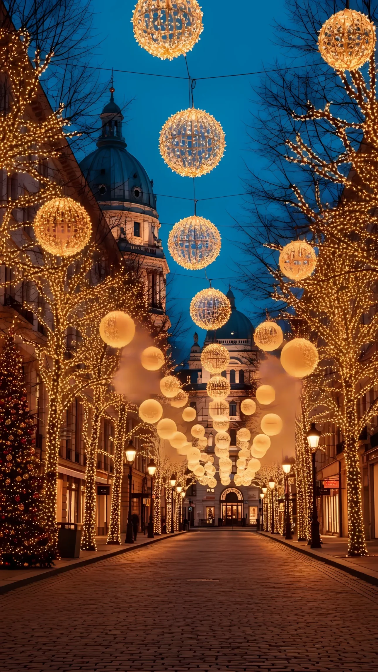 Elevate your holiday designs with this festive street scene featuring glowing Christmas lights and ornaments. Perfect for high-end seasonal campaigns.