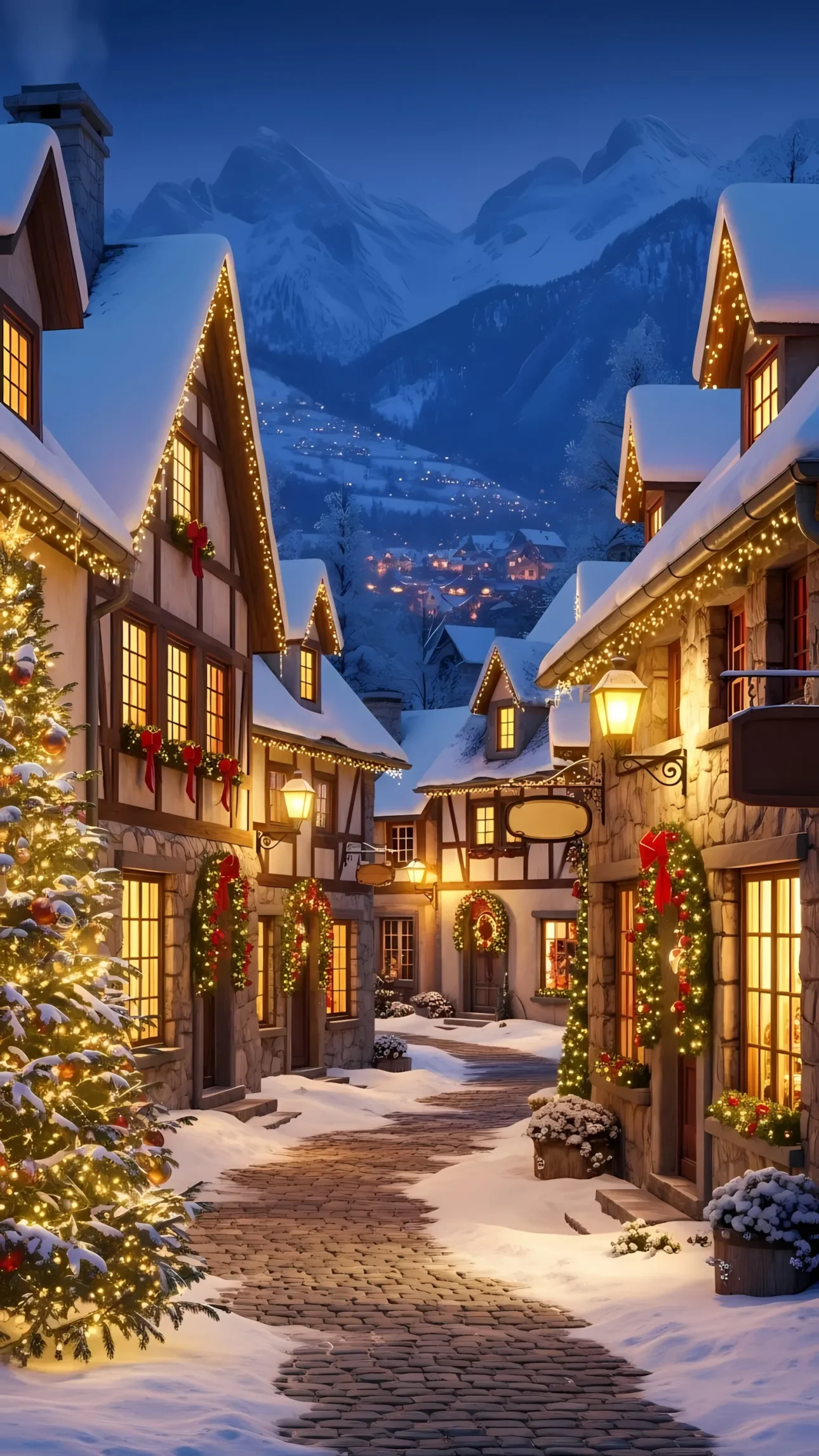 Enhance your holiday designs with this picturesque village scene, featuring festive lights and a snowy landscape. Perfect for creating heartwarming Christmas cards and winter-themed graphics.