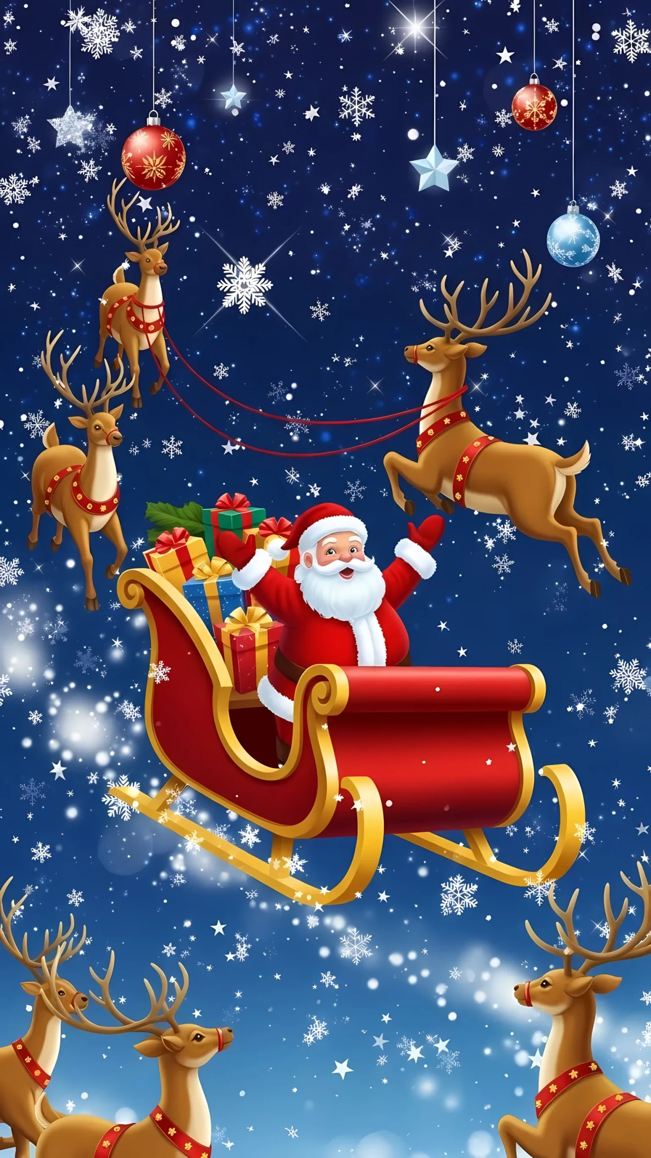 Elevate your holiday designs with this festive Santa illustration featuring reindeer and a sleigh. Perfect for creating heartwarming Christmas visuals.