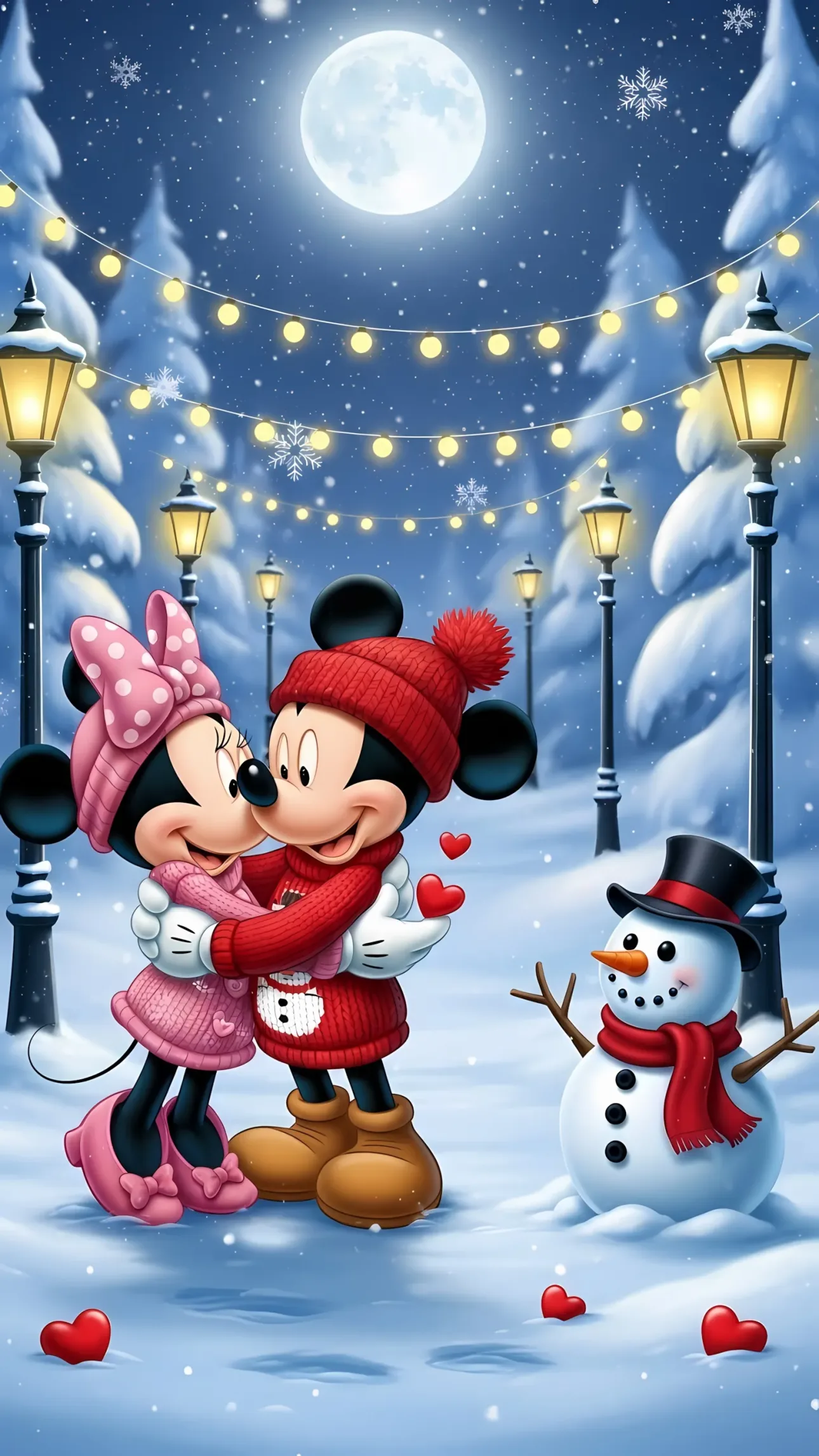 Celebrate winter with this heartwarming illustration featuring Mickey and Minnie Mouse in a loving embrace. Perfect for seasonal greeting cards and festive designs.