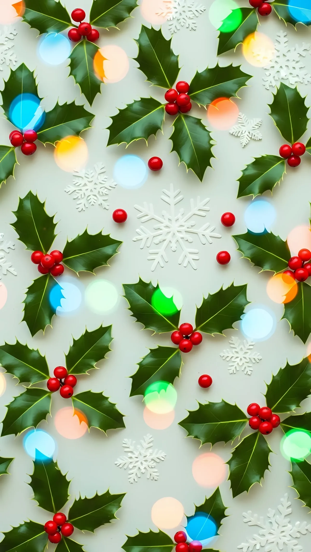 Elevate your designs with this festive holly and snowflake pattern featuring vibrant bokeh. Perfect for holiday-themed projects and adding a touch of winter magic.