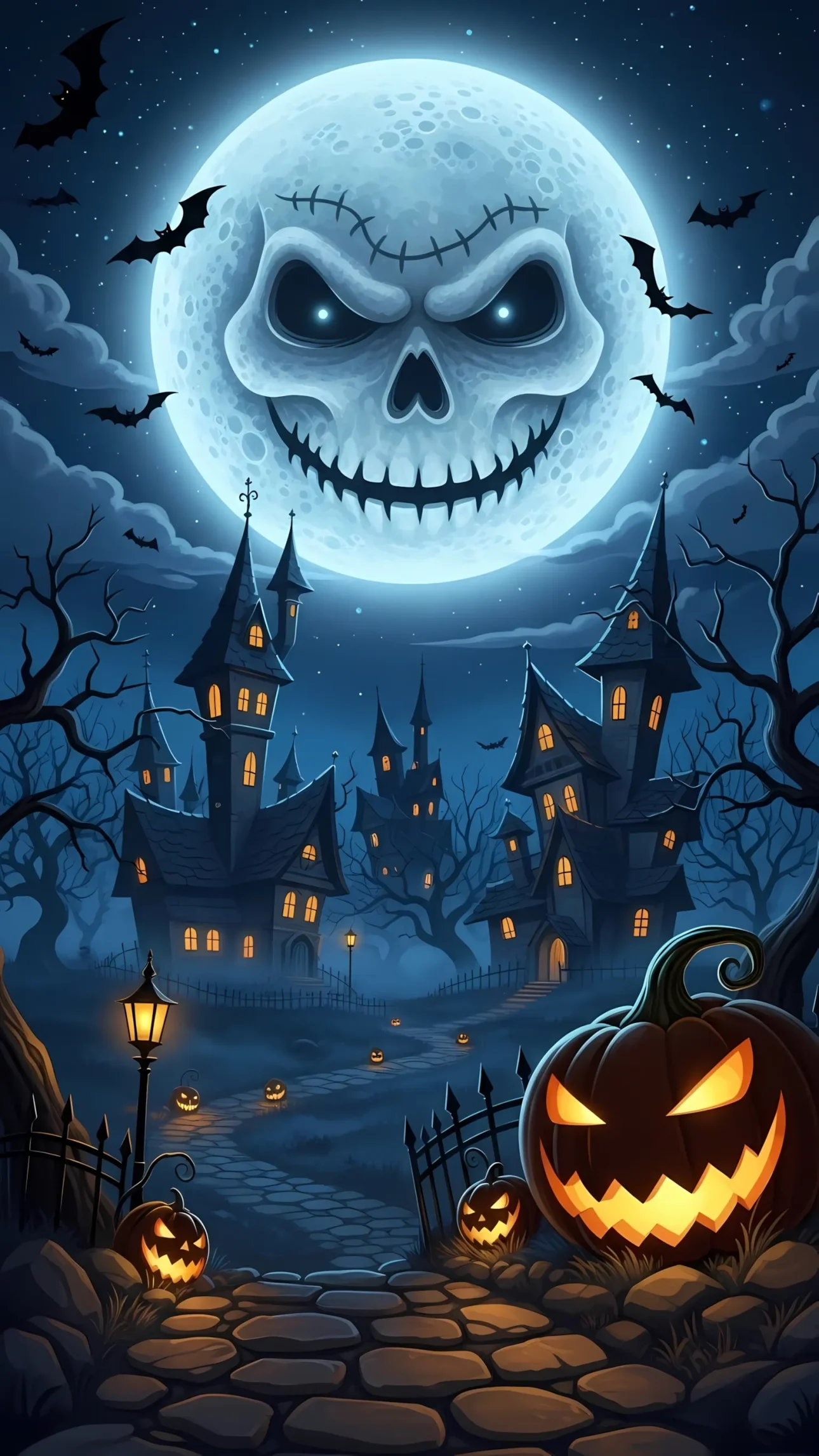 Evoke spine-chilling thrills with this Halloween night illustration featuring a haunted house and skull moon. Perfect for eerie seasonal designs.