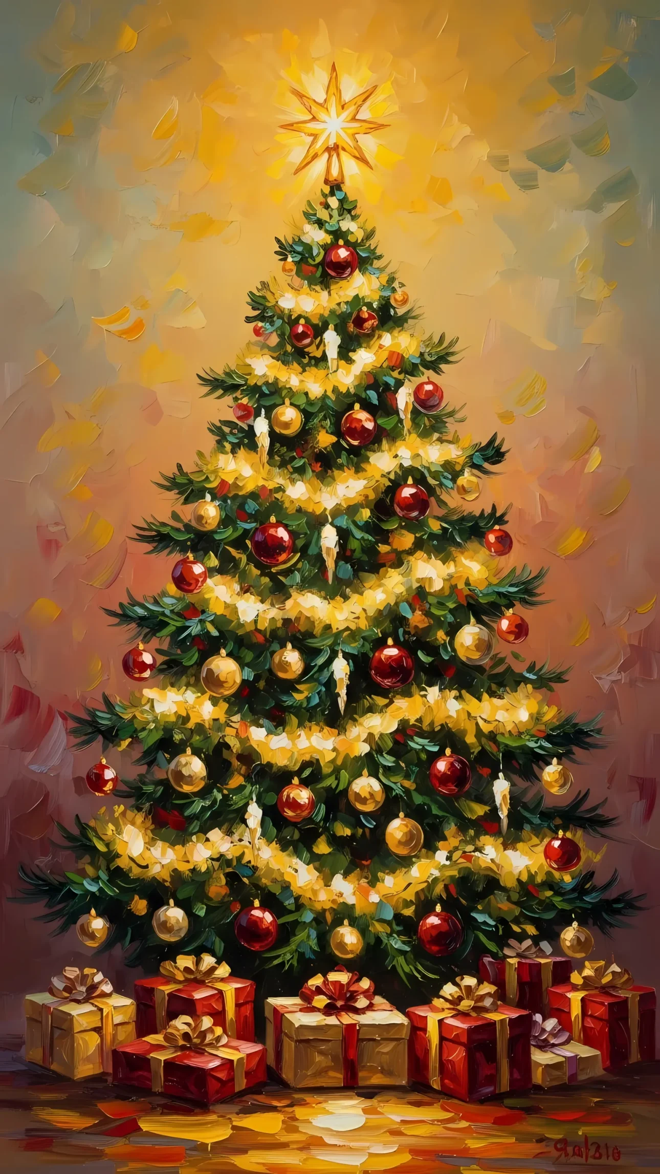 Enhance your holiday designs with this painterly Christmas tree featuring festive ornaments and gifts. Perfect for creating a cozy, nostalgic atmosphere.