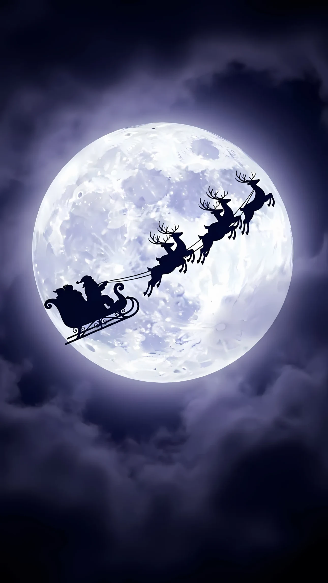 Capture the magic with this silhouette of Santa's sleigh and reindeer. An enchanting digital graphic perfect for holiday cards and festive designs.