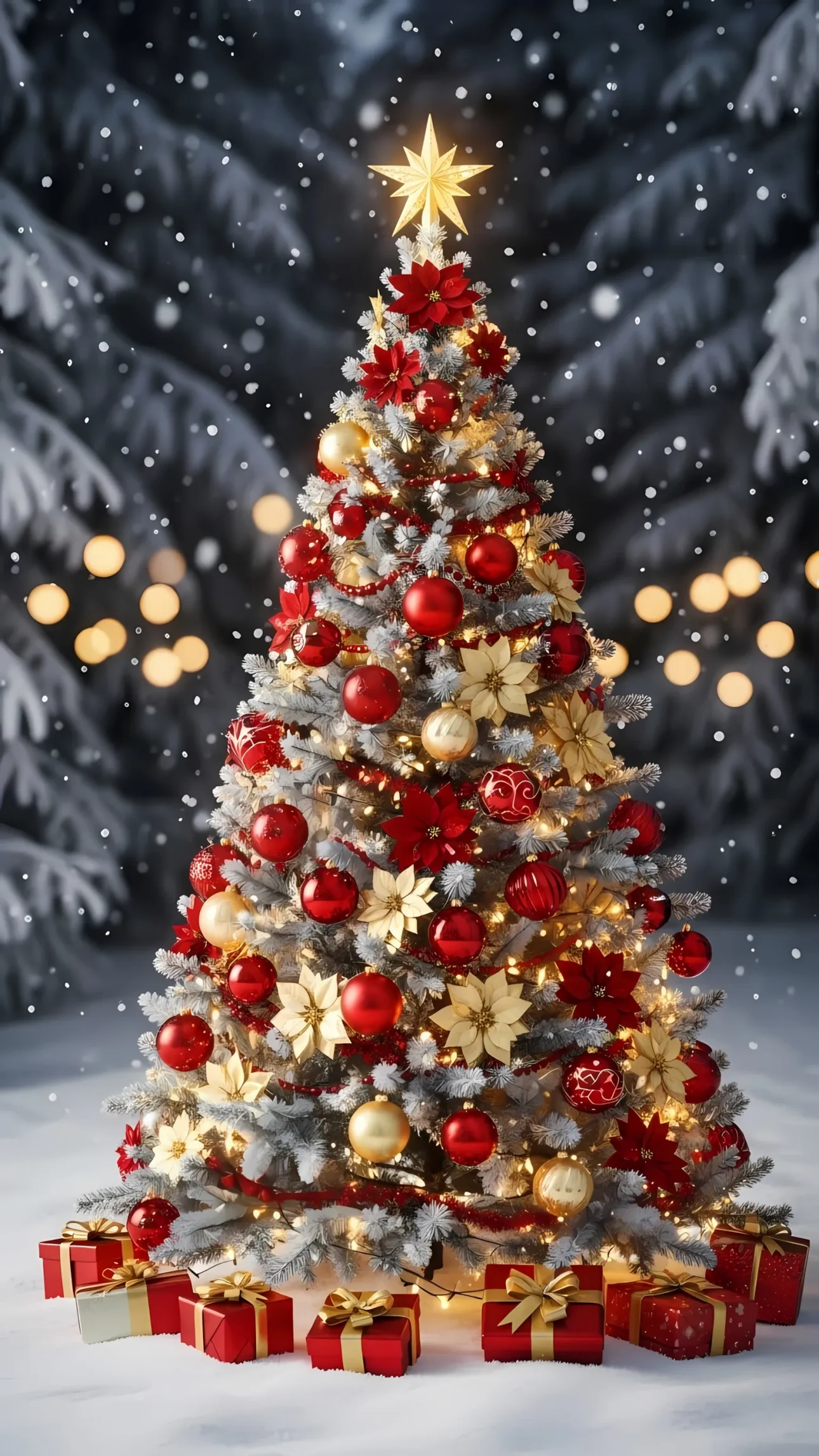 Elevate your holiday designs with this festive Christmas tree featuring red and gold ornaments, perfect for creating heartwarming and joyful seasonal content.