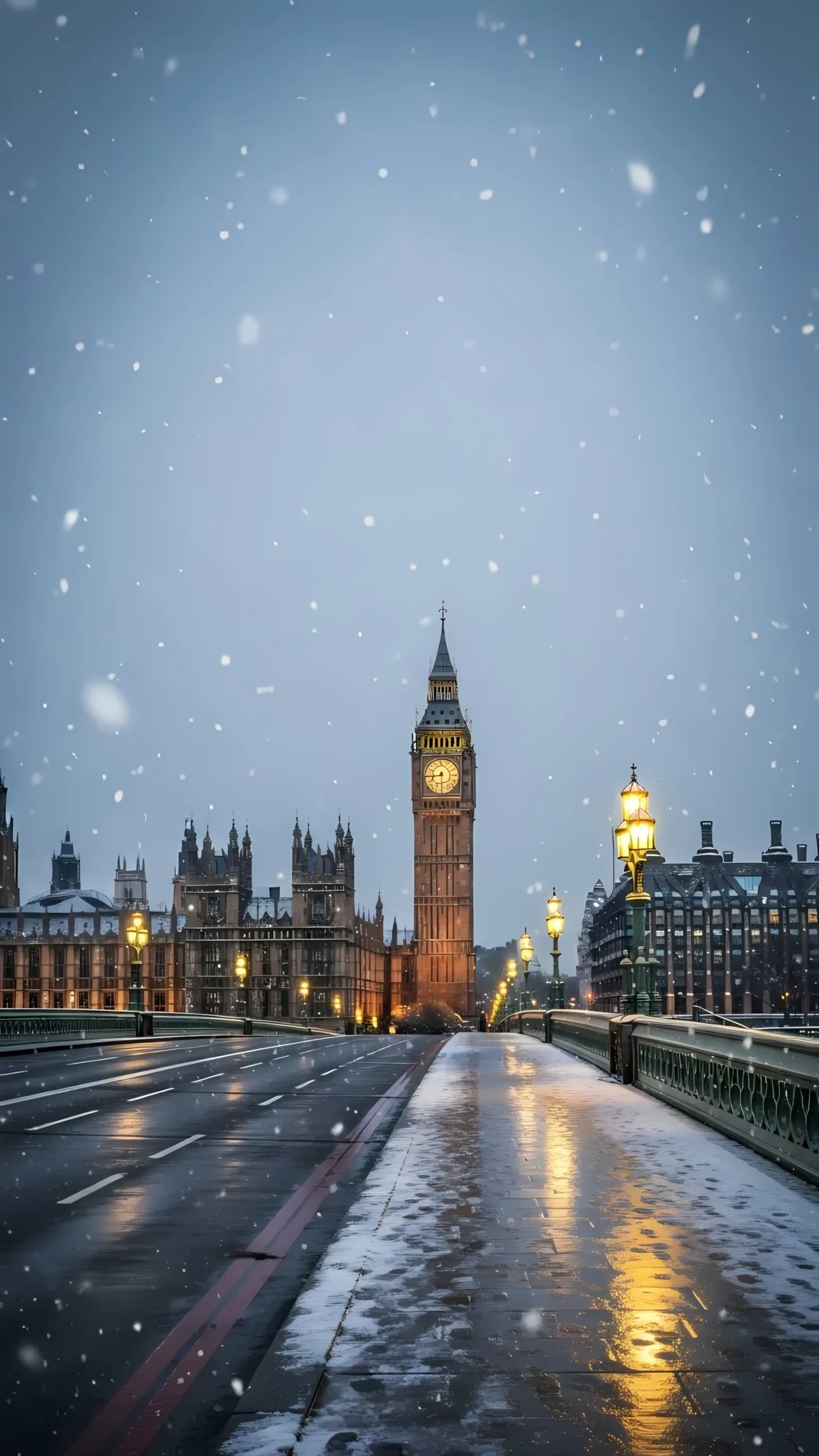 Capture the iconic London skyline featuring Big Ben in a serene snowfall. Ideal for travel blogs, historical documentaries, and premium digital designs.