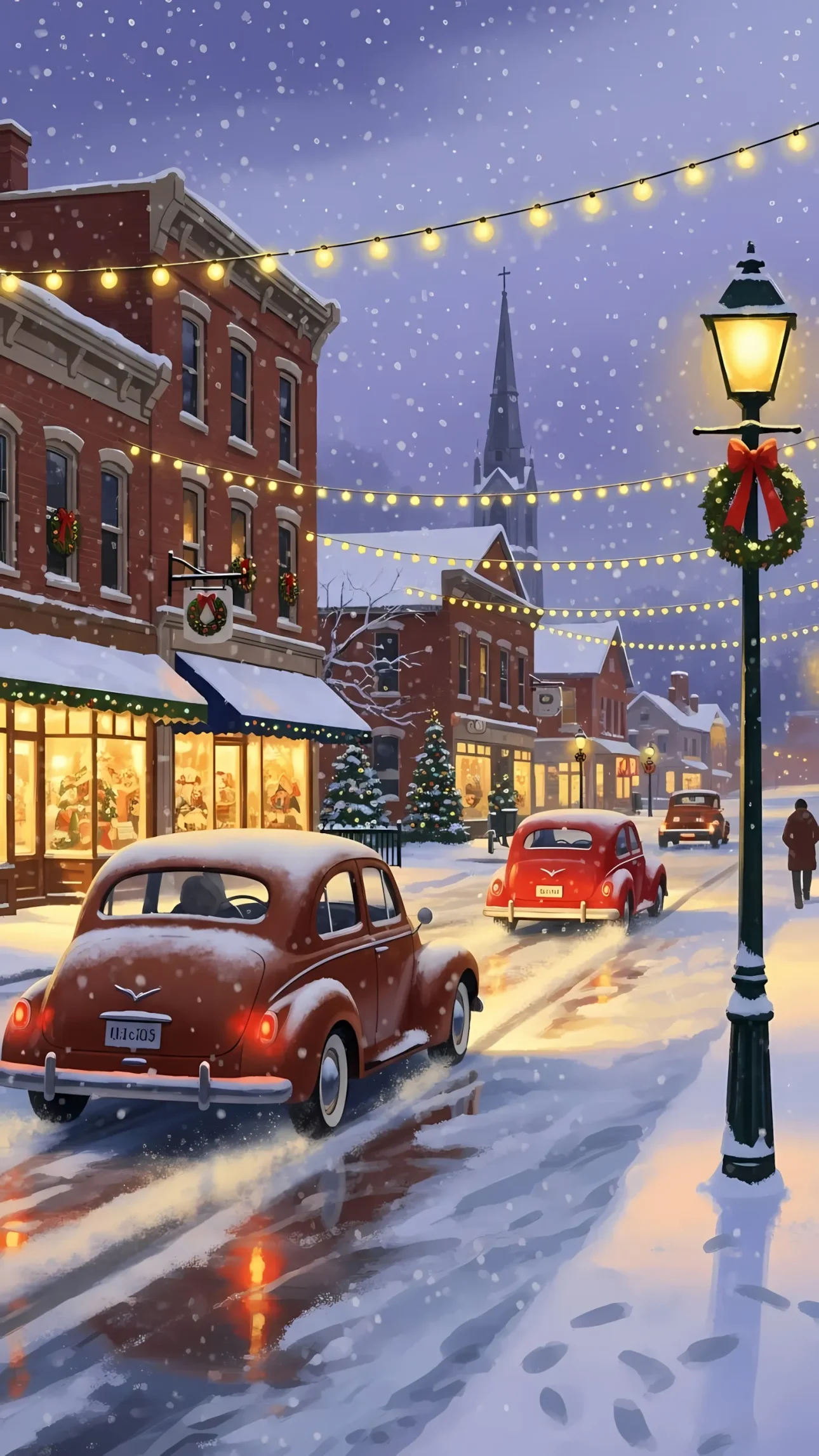 Enhance your designs with this charming winter town illustration featuring classic cars and festive decor. Perfect for holiday cards and seasonal promotions.