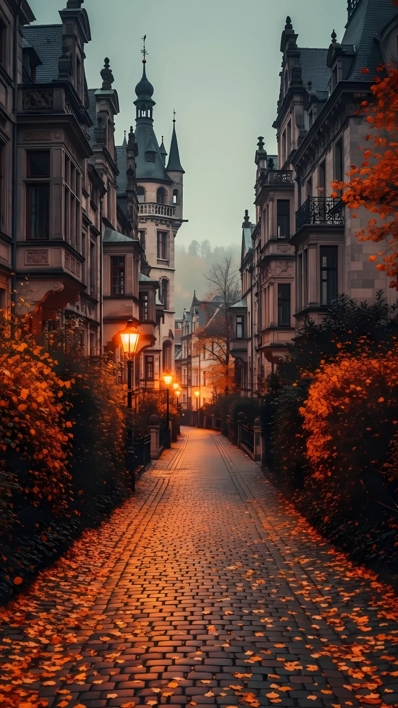 Enhance your designs with this captivating street scene featuring classic architecture and autumnal foliage. Perfect for historical projects and atmospheric visuals.
