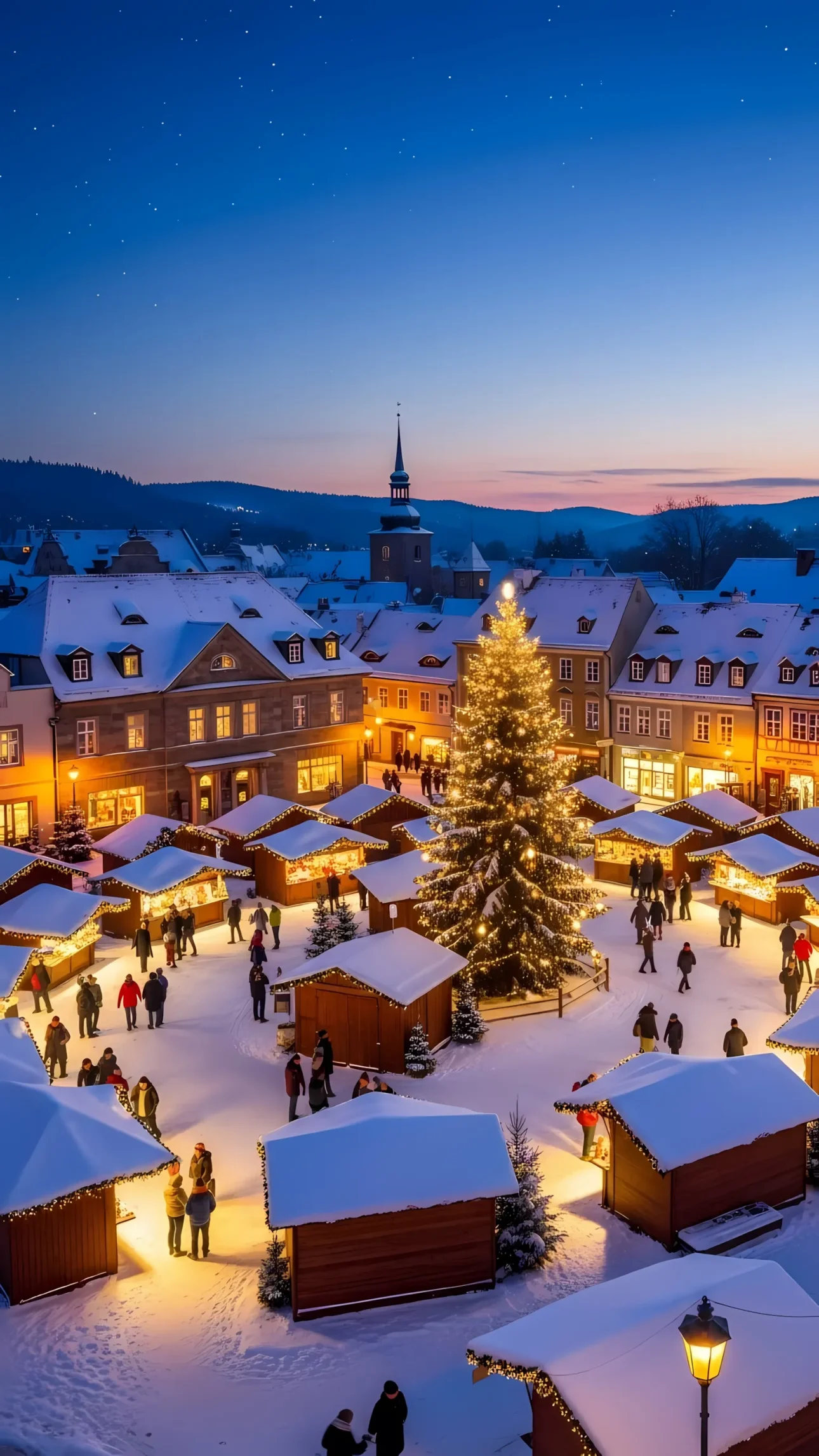 Capture the magic of a European Christmas market with this image, perfect for holiday promotions and winter-themed designs. Ready for commercial use.