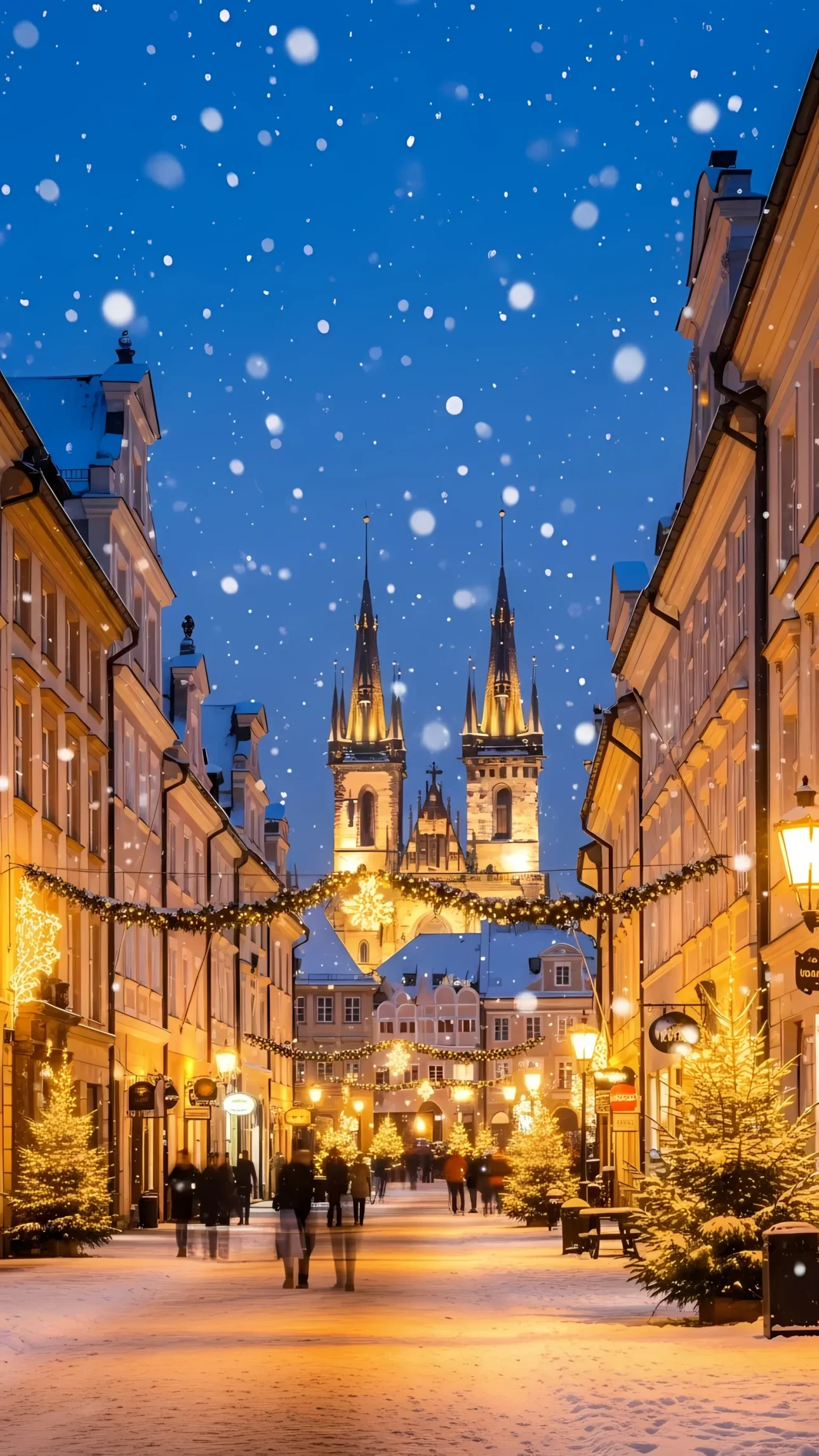 Elevate your designs with this stunning Prague street scene featuring snowfall and Christmas decorations. Perfect for holiday campaigns and winter-themed projects.