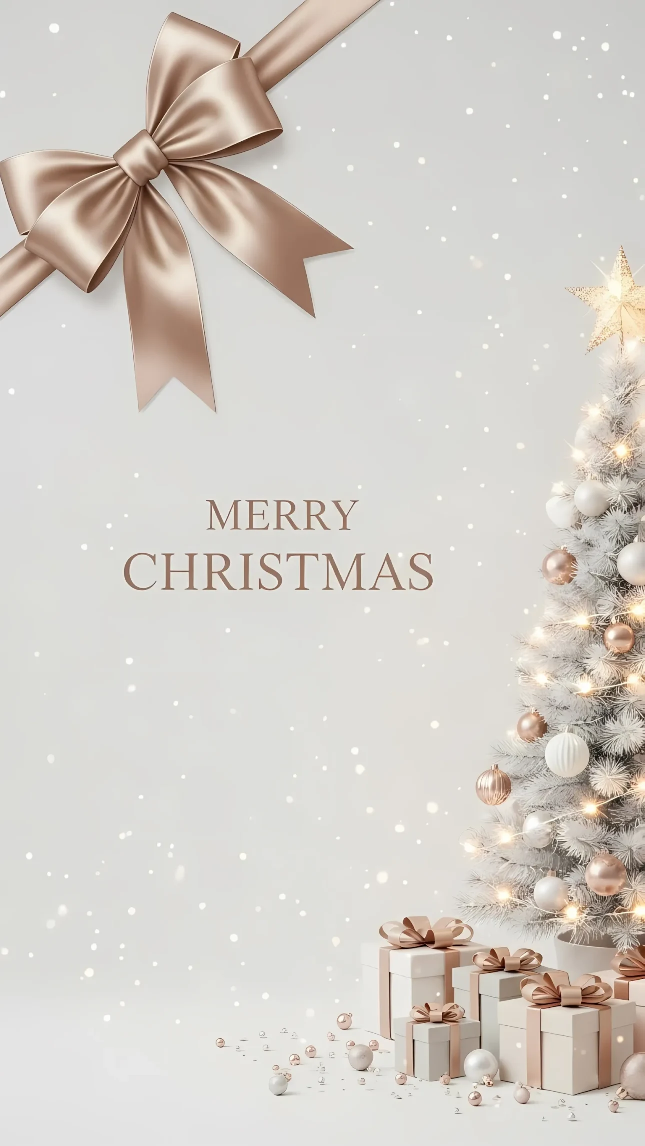 Elevate your holiday designs with this elegant Christmas scene featuring a decorated tree, gifts, and golden bow. Perfect for high-end branding.