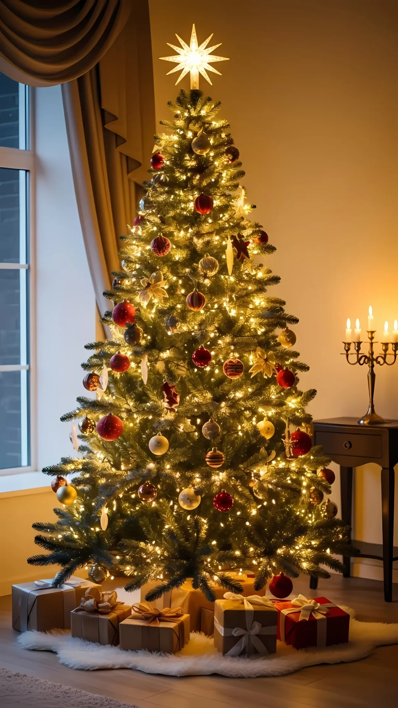 Elevate your holiday designs with this festive Christmas tree image featuring glowing lights and wrapped gifts. Perfect for seasonal marketing and cozy home decor projects.