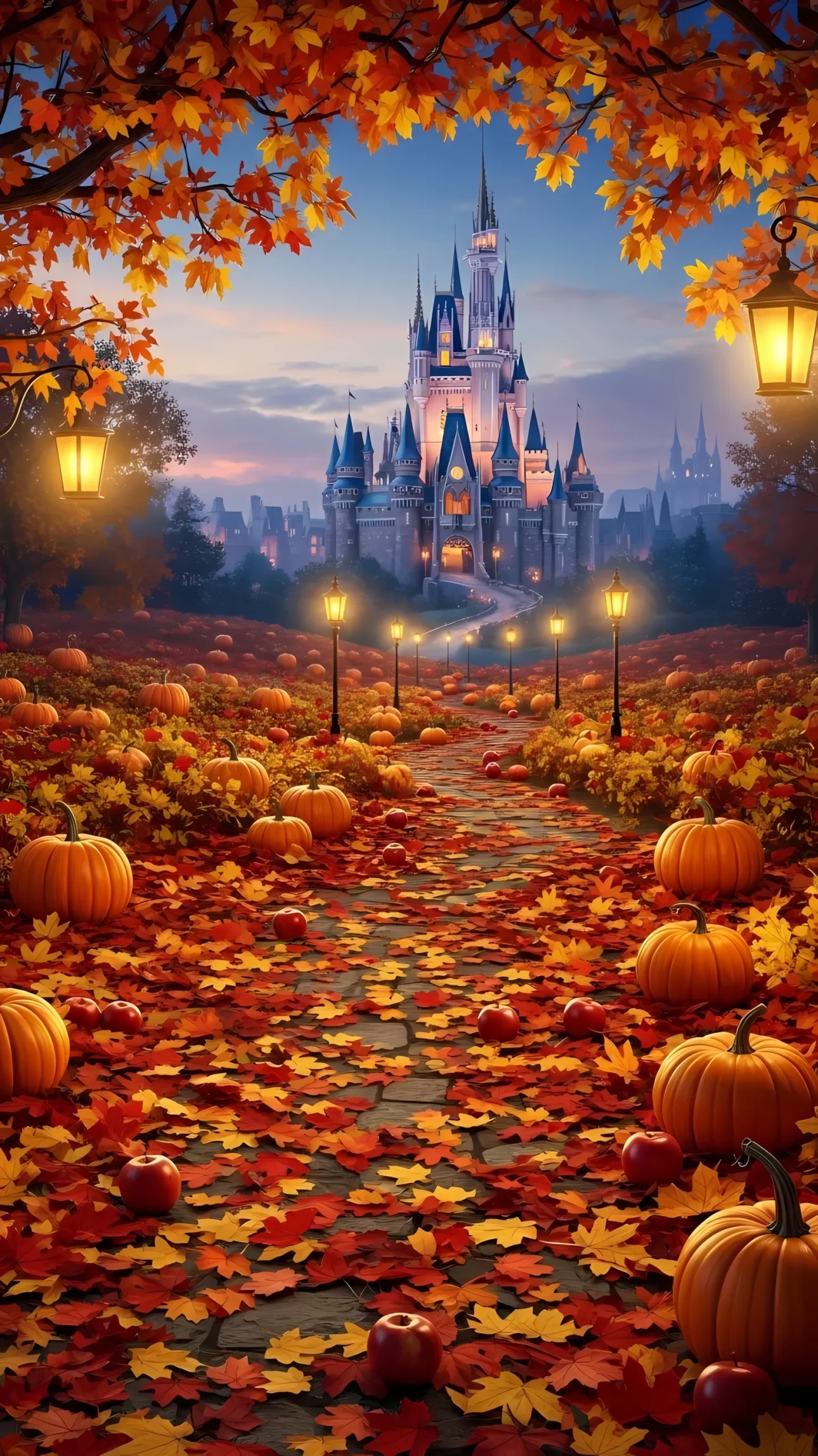 Elevate your designs with this enchanting castle scene featuring pumpkins and fall foliage. Perfect for fantasy-themed projects and seasonal promotions.