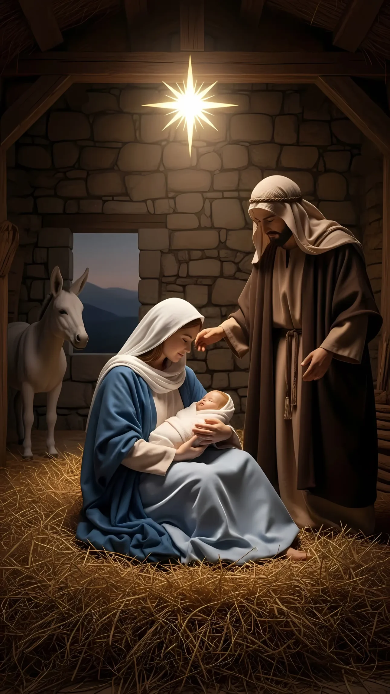 Evoke the spirit of Christmas with this nativity scene featuring Mary, Joseph, and baby Jesus. Perfect for holiday cards and seasonal designs.