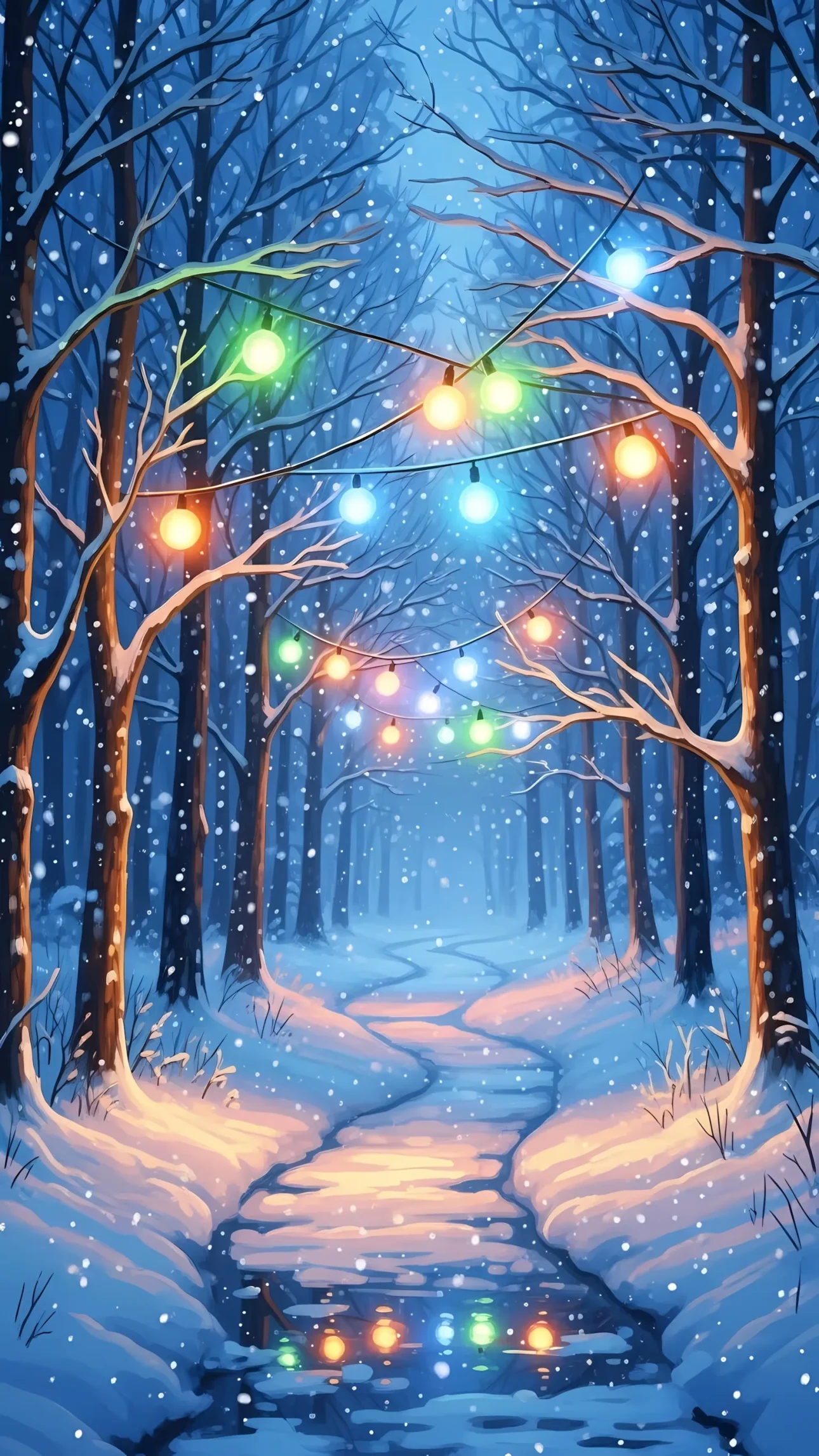 Enhance your projects with this serene winter forest scene featuring colorful lights. Perfect for holiday cards and seasonal designs, ready for commercial use.
