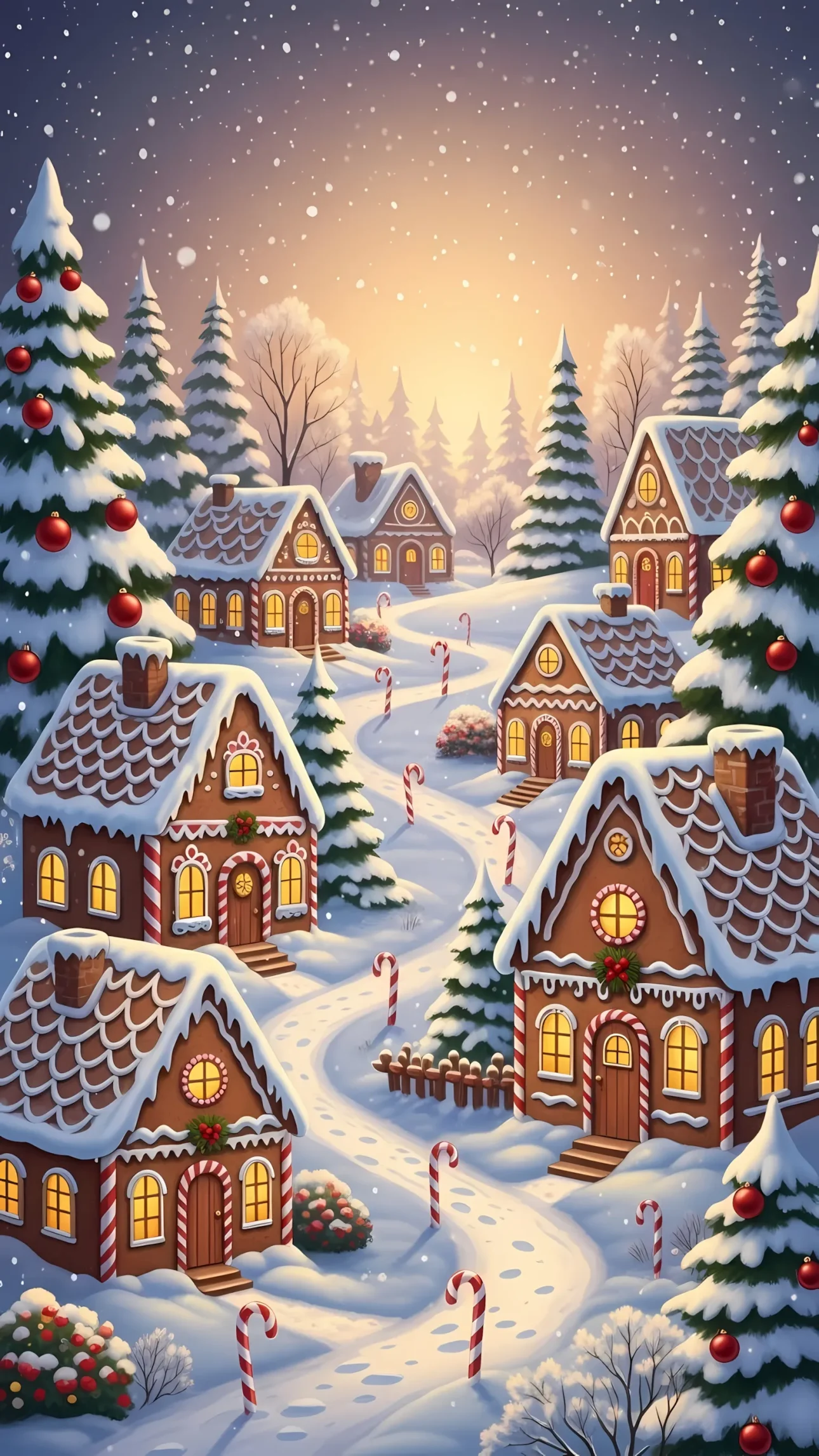 Enhance your designs with this charming gingerbread village illustration, featuring candy cane paths and festive lighting. Perfect for holiday cards and seasonal promotions.