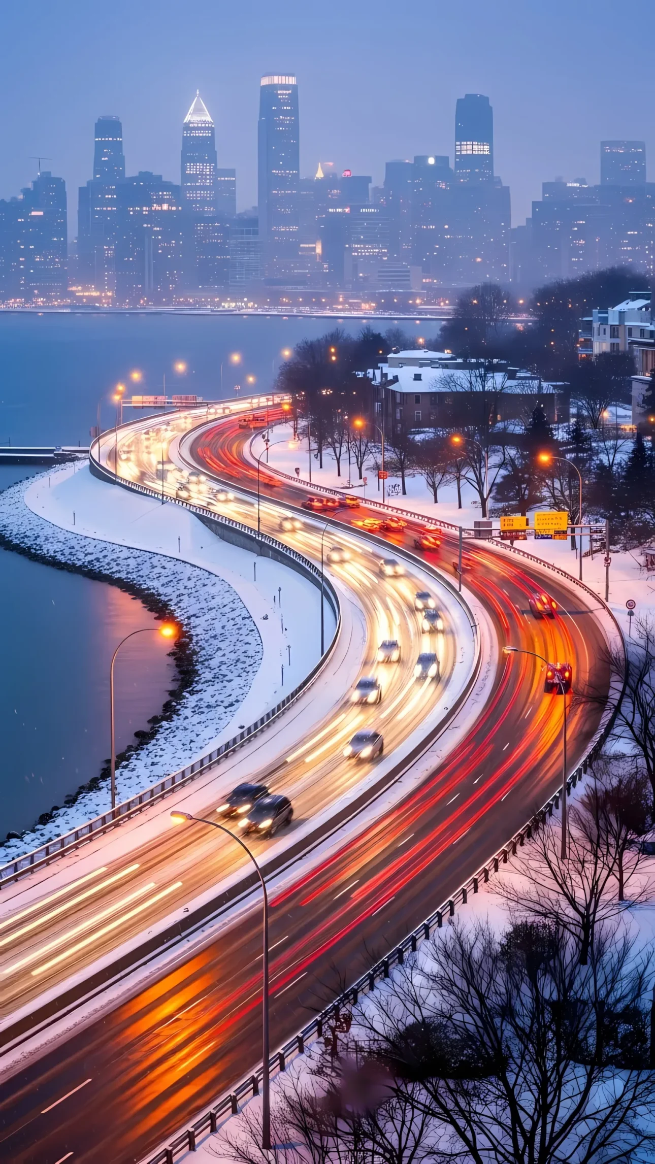 Capture the vibrant energy of city life with this stunning image of car light trails on a snow-covered road. Perfect for urban-themed projects.