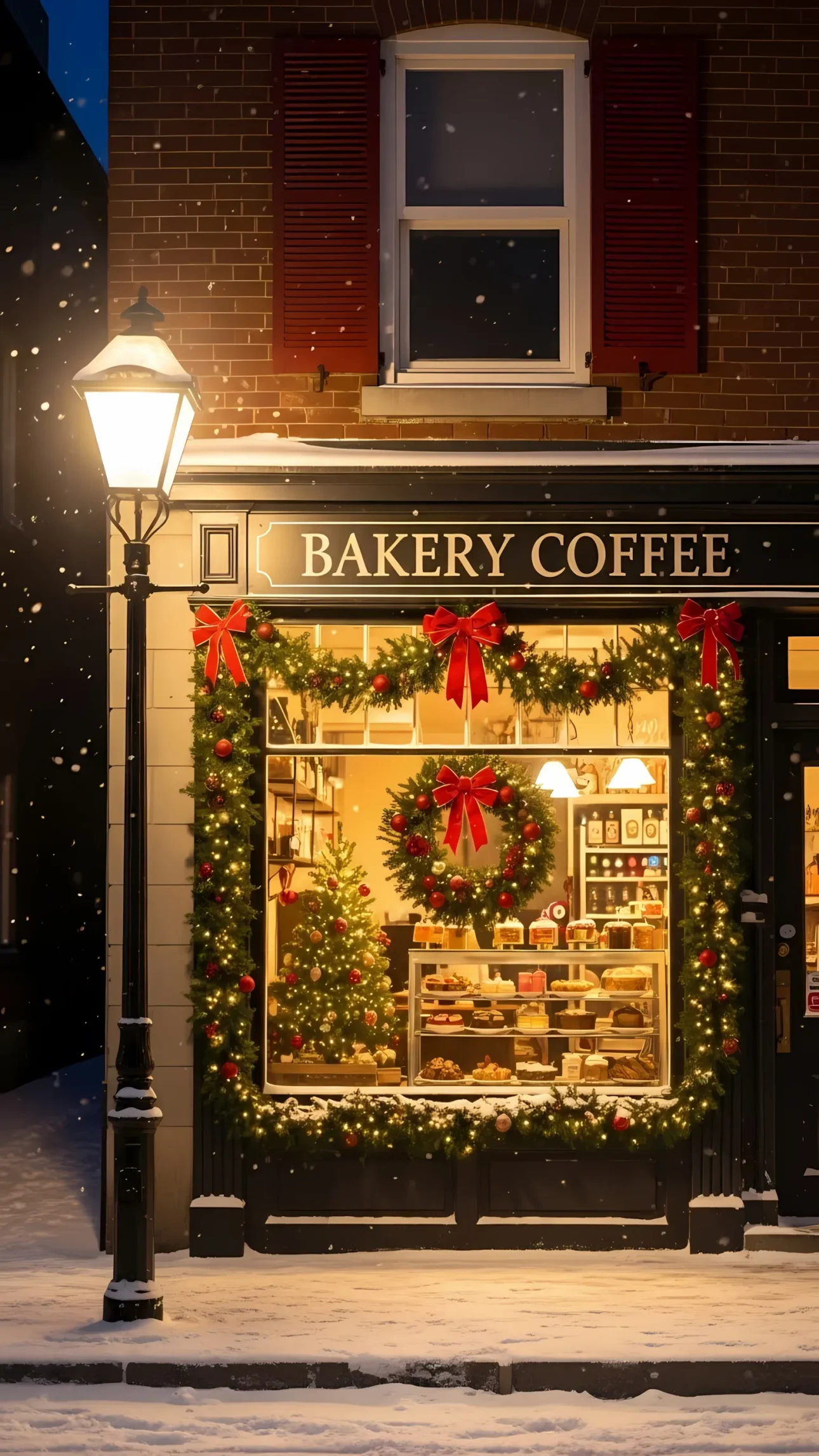 Capture the festive charm with this bakery storefront illustration, featuring Christmas decorations and falling snow, perfect for holiday-themed designs and seasonal promotions.