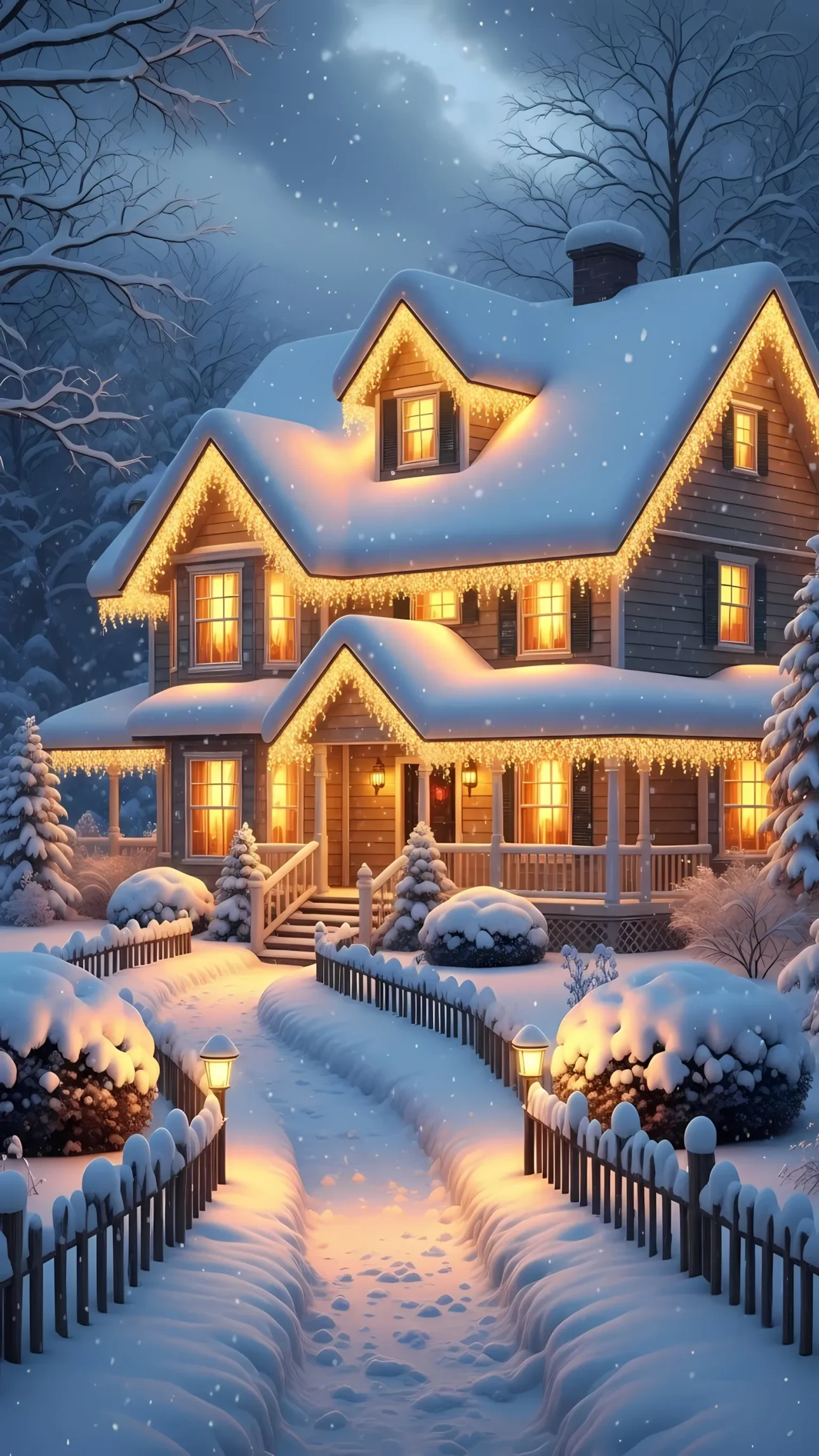 Capture the magic of winter with this charming house illustration, featuring festive lights and a snowy landscape. Perfect for holiday cards and seasonal designs.