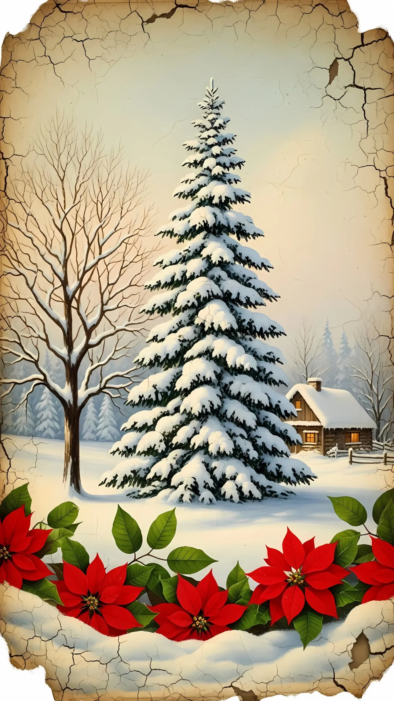 Elevate your holiday designs with this winter landscape featuring a snow-covered tree and poinsettias, perfect for creating heartwarming Christmas cards and seasonal promotions.