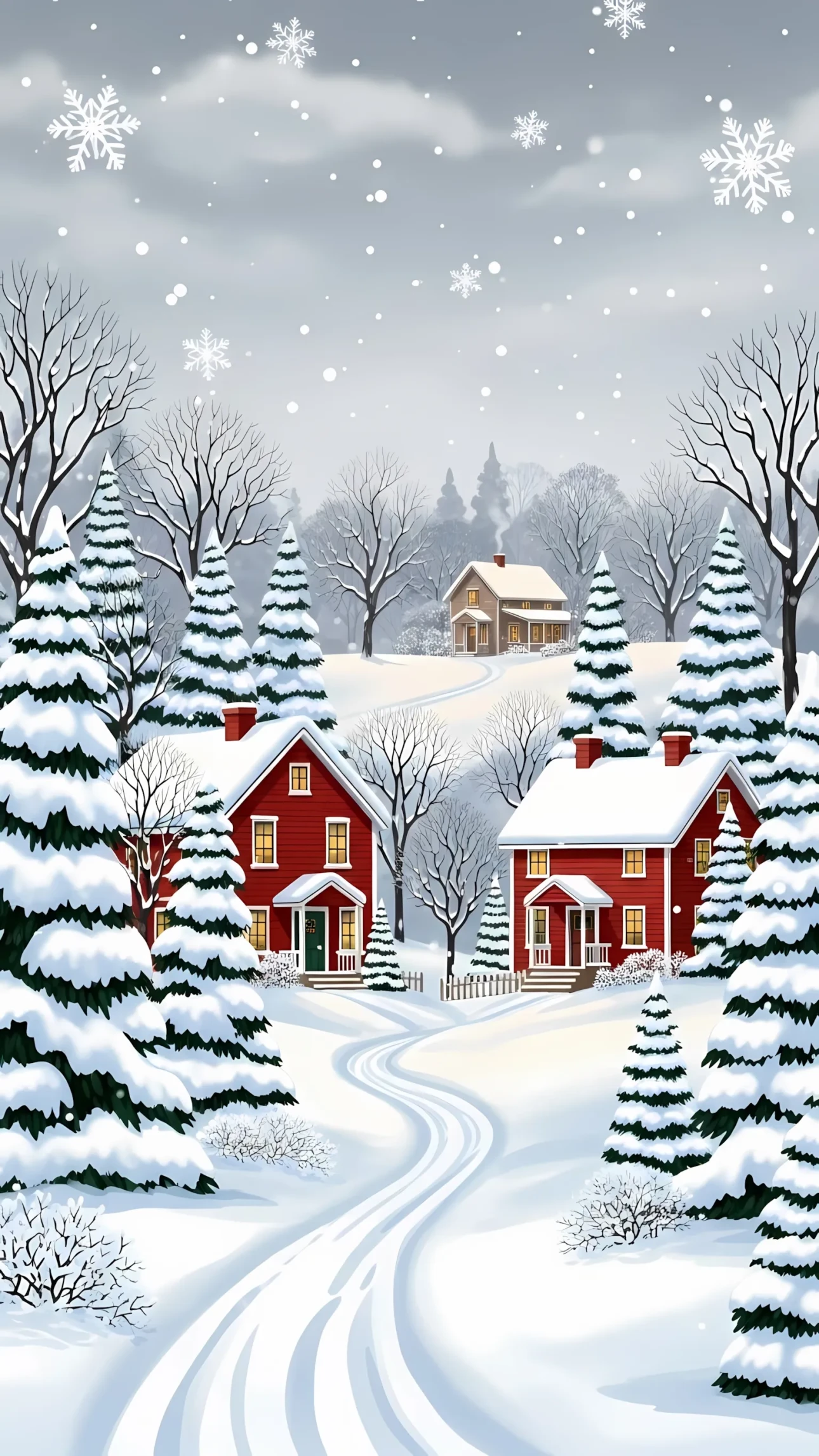 Enhance your designs with this charming winter scene featuring cozy red houses. A premium illustration perfect for holiday cards and seasonal promotions.