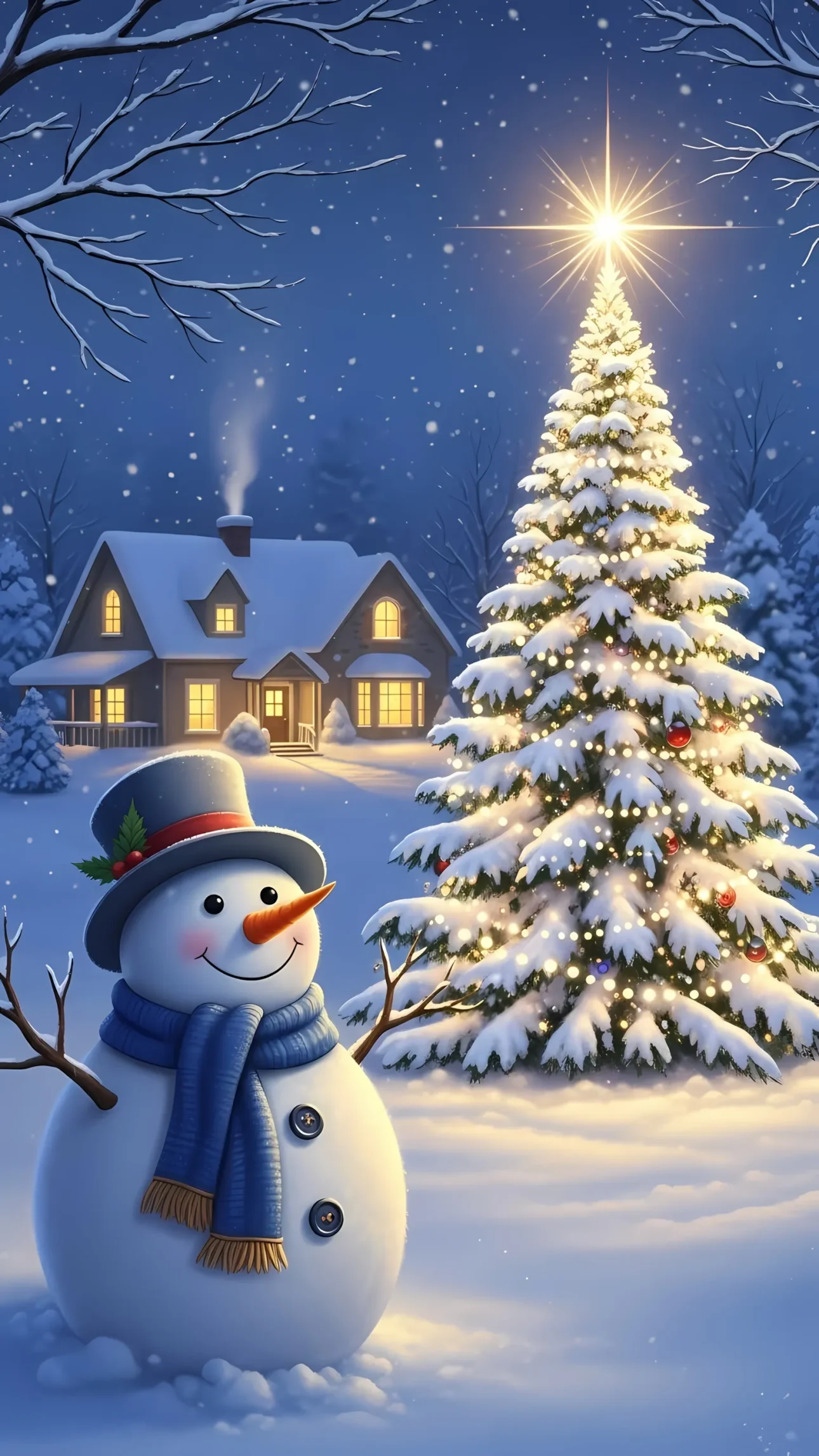 Elevate your holiday designs with this charming snowman illustration featuring a decorated Christmas tree. Perfect for festive greeting cards and seasonal marketing materials.