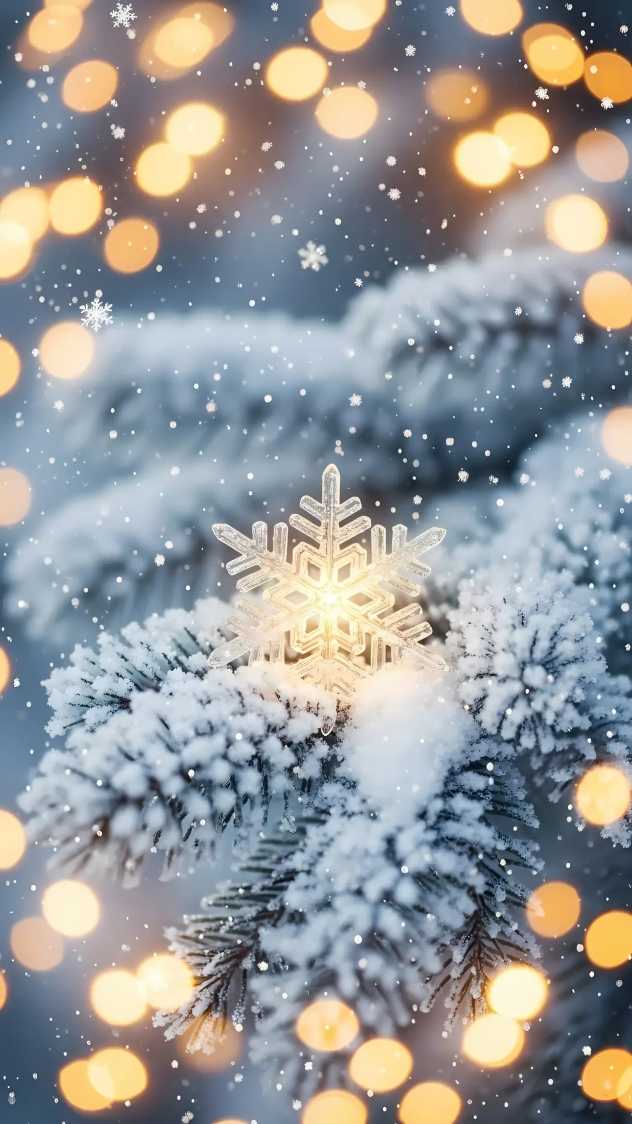 Elevate your designs with this winter scene featuring a snowflake on a frosted pine branch, perfect for holiday-themed projects and seasonal campaigns.