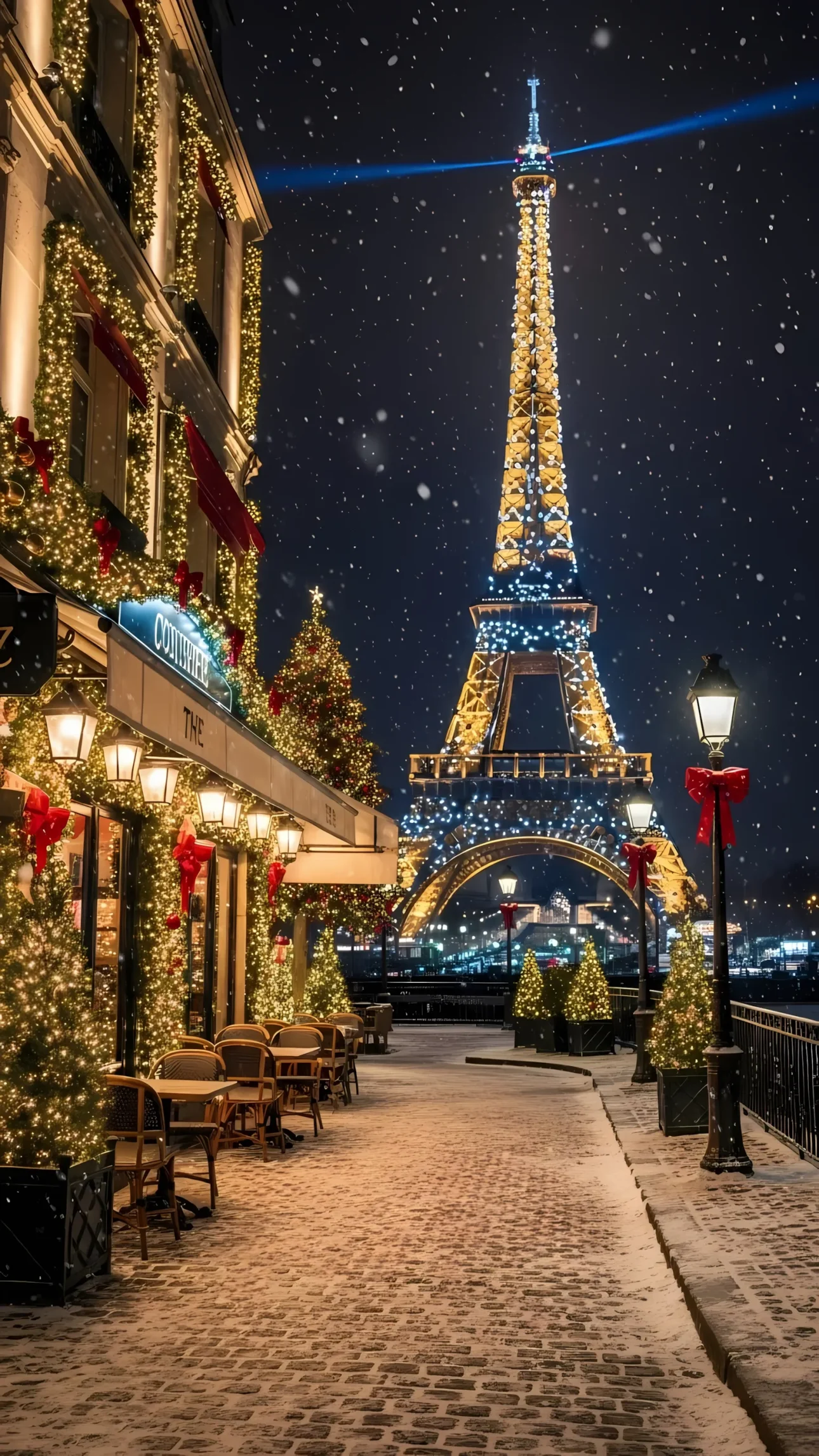 Experience the magic of Paris with this festive scene featuring the Eiffel Tower and Christmas lights. Perfect for holiday-themed designs and winter promotions.