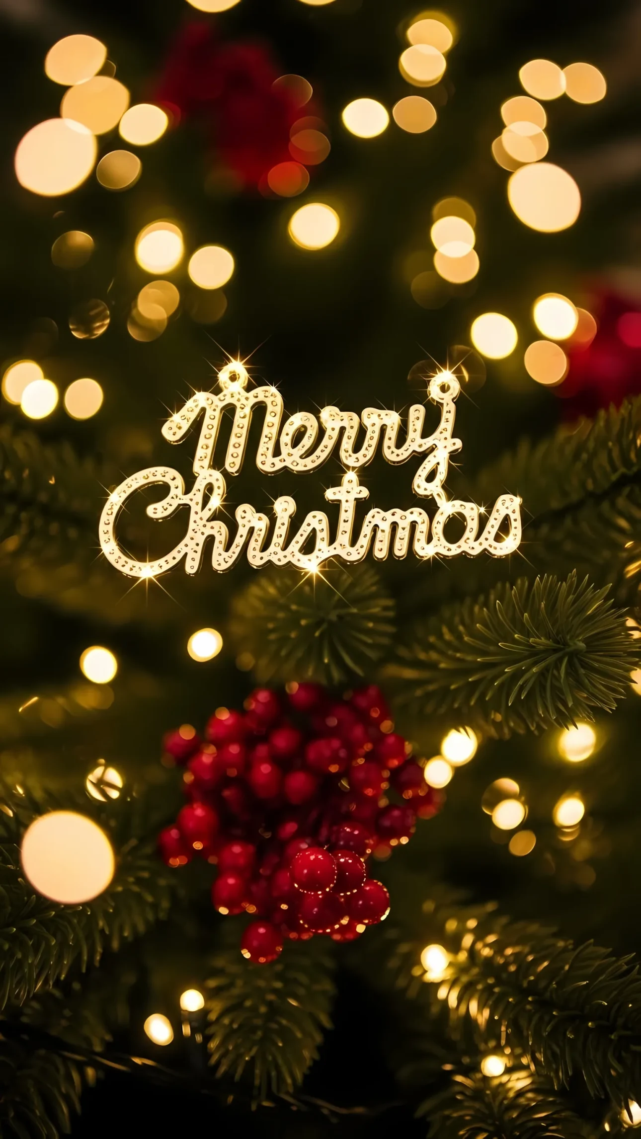 Elevate your holiday designs with this sparkling Merry Christmas ornament featuring festive berries and bokeh lights. Perfect for premium seasonal campaigns.