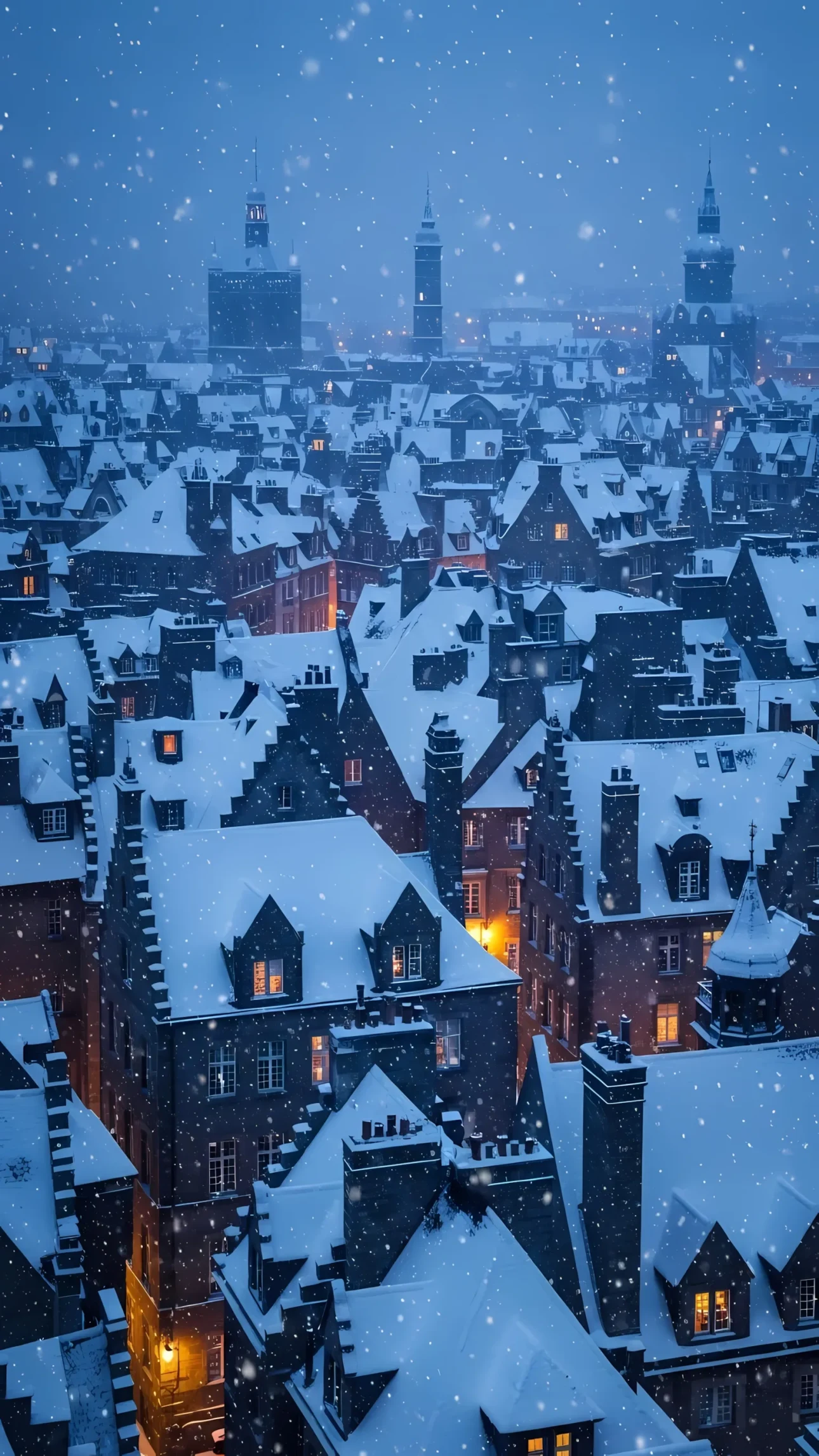 Elevate your winter designs with this snowy cityscape. A premium design asset perfect for holiday cards, website backgrounds, or atmospheric visuals.