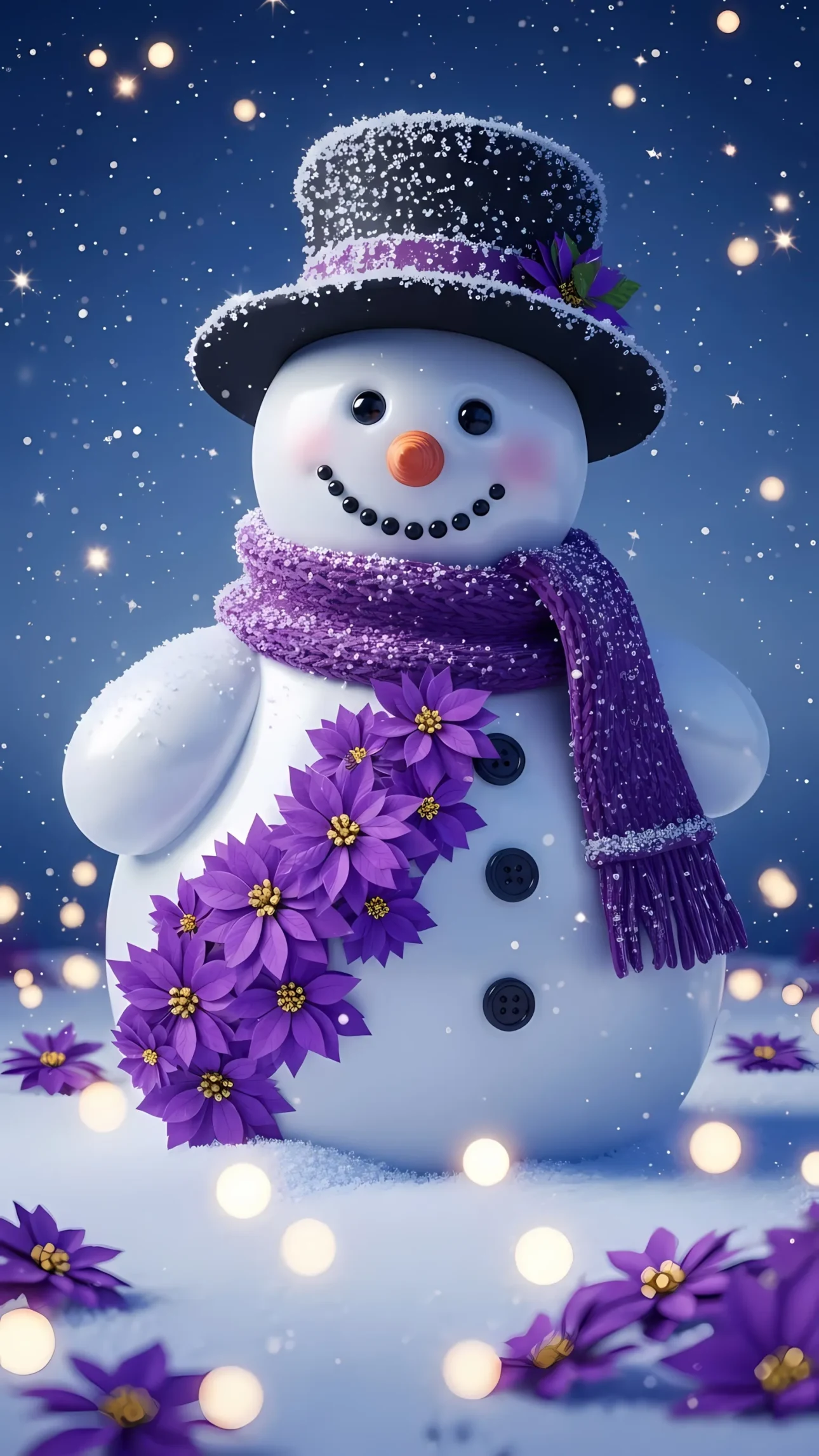 Elevate your holiday designs with this charming snowman illustration featuring festive purple accents. Perfect for creating heartwarming Christmas cards and winter-themed graphics.