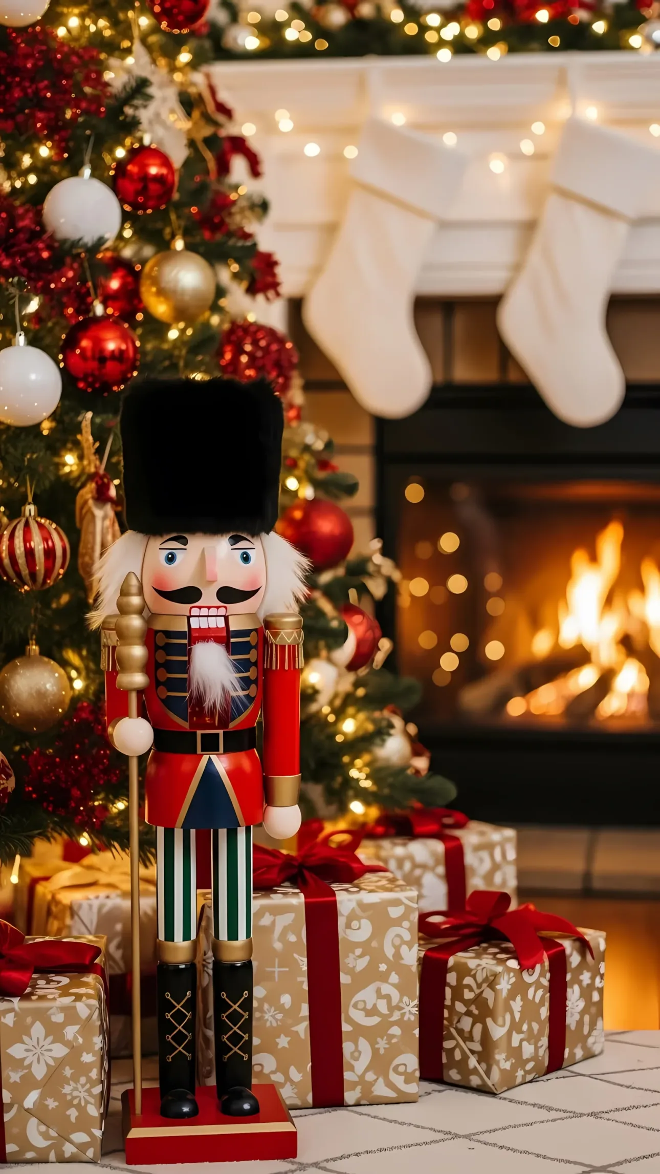 Evoke holiday cheer with this festive scene featuring a nutcracker, Christmas tree, and cozy fireplace. Perfect for seasonal marketing and design projects.