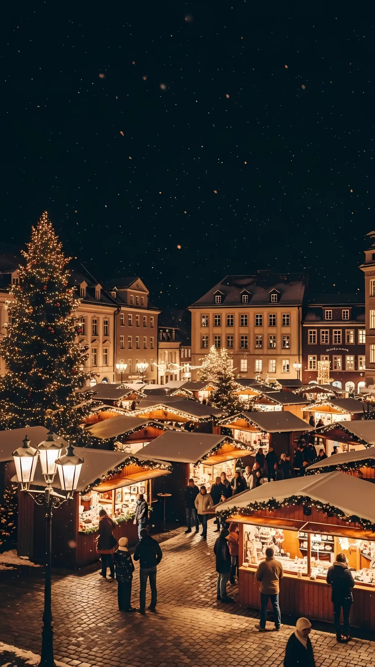 Experience the magic of a European Christmas market with this festive scene. Ideal for holiday promotions and winter event designs. Ready for commercial projects.