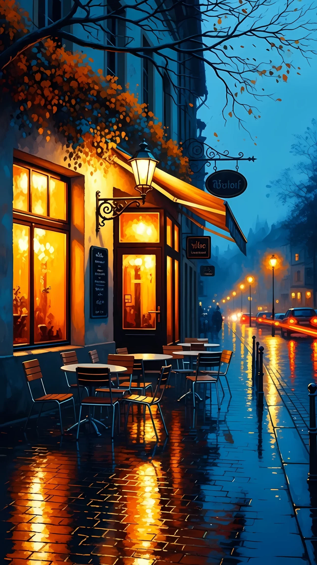 Capture the charm of a European cafe with this atmospheric image featuring warm lighting and reflective wet streets. Ideal for travel blogs and restaurant promotions.
