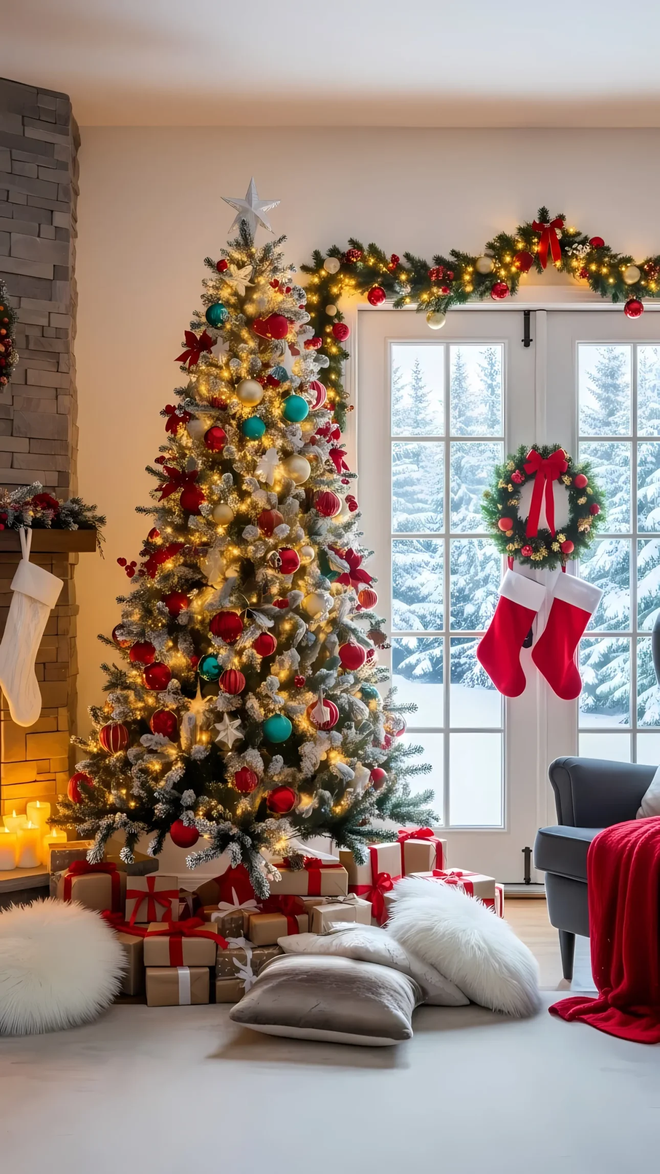 Evoke holiday cheer with this Christmas tree scene featuring gifts and a snowy backdrop. Perfect for seasonal campaigns and festive designs.