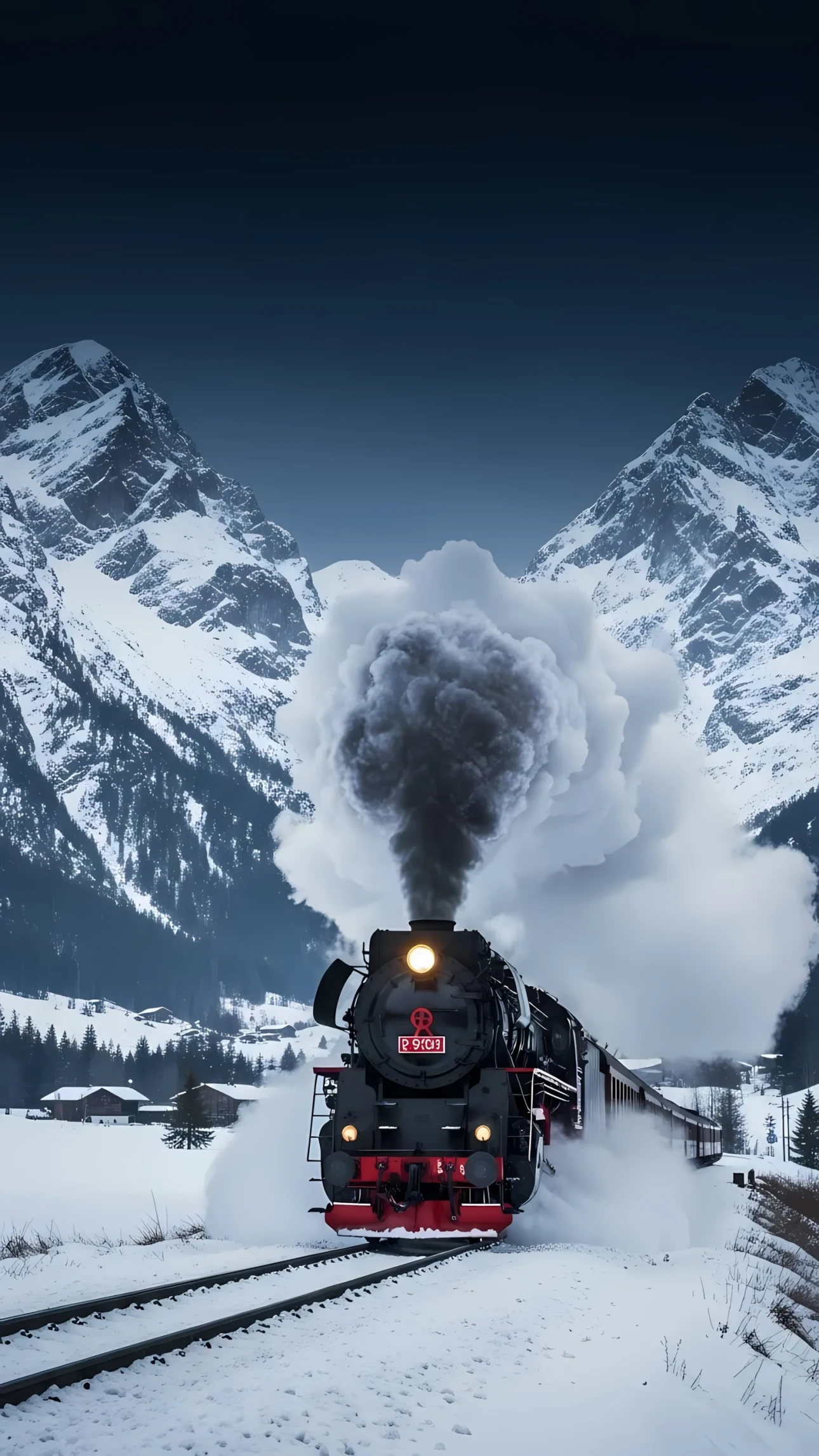 Capture the majestic beauty of a vintage steam train amidst a winter wonderland. Ideal for travel blogs or historical documentaries, ready for commercial projects.