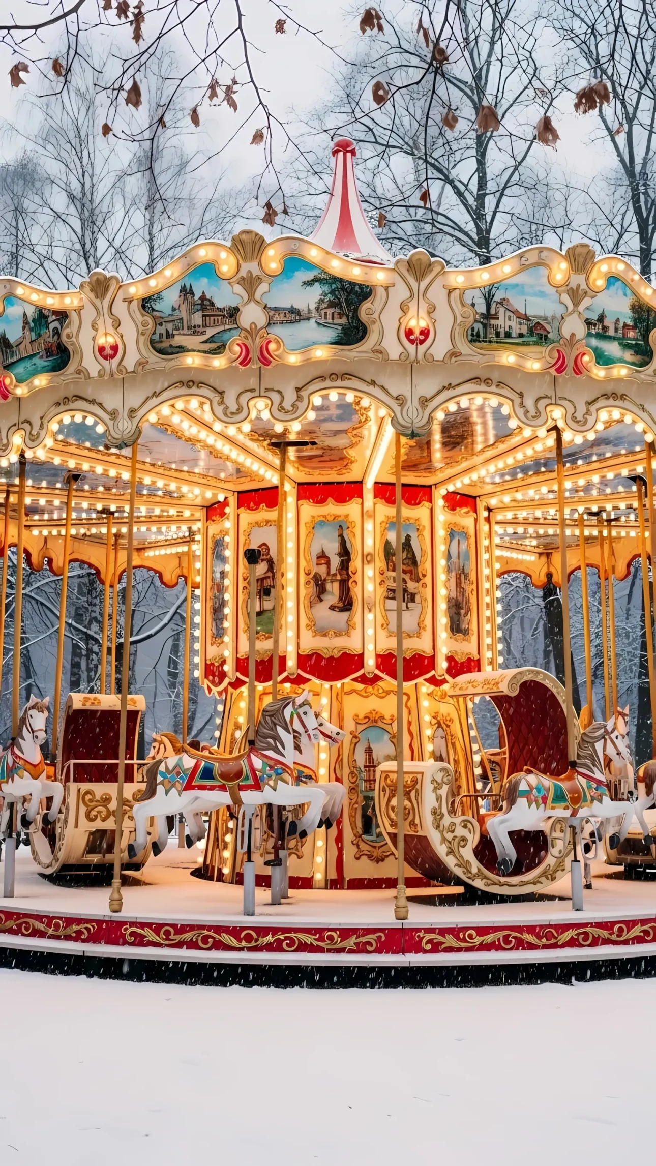 Evoke nostalgia with this vintage carousel image, featuring ornate details and a wintery backdrop. Ideal for seasonal campaigns and whimsical designs.
