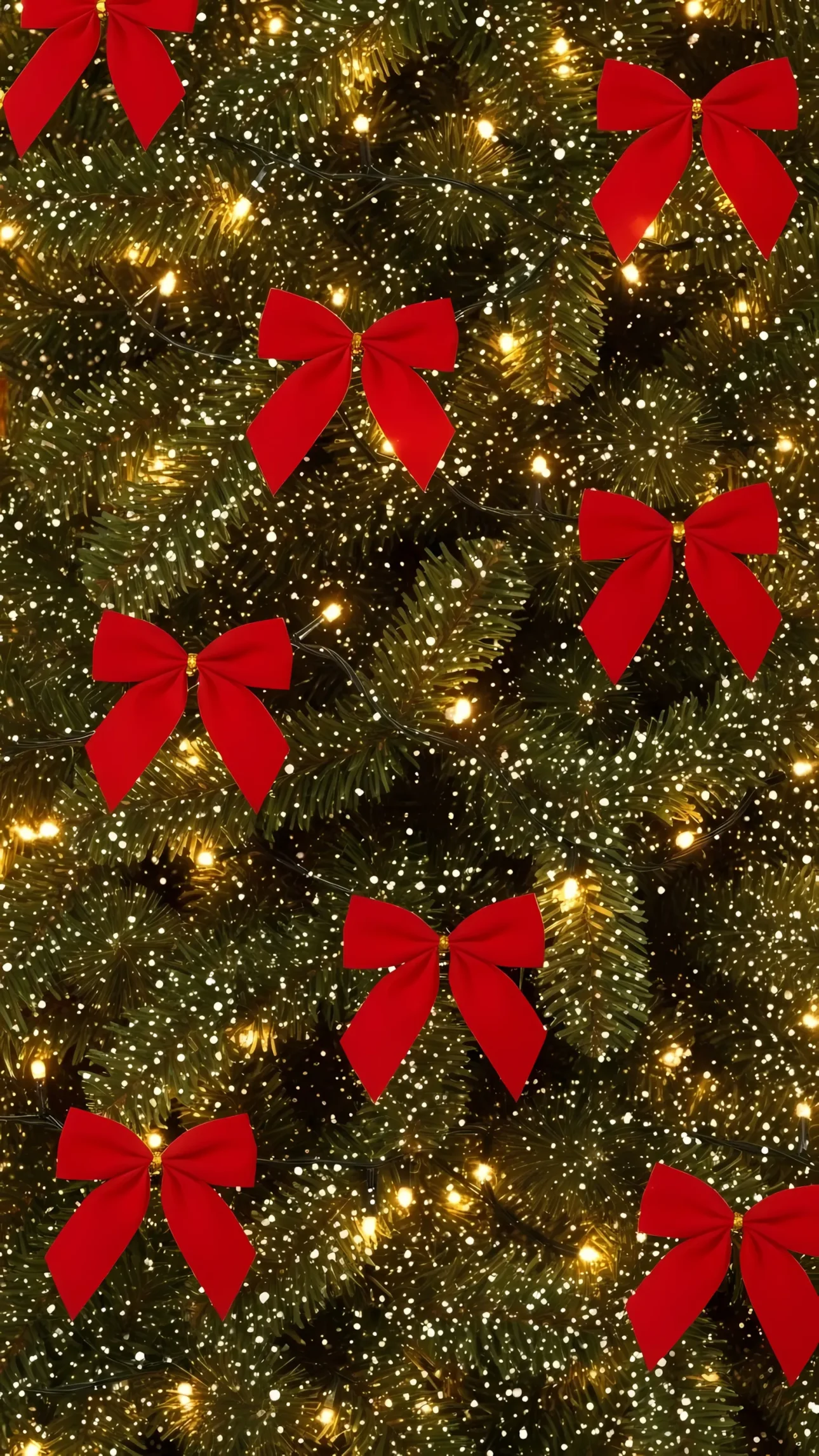 Enhance your holiday designs with this festive Christmas tree featuring red bows and sparkling lights. Perfect for creating heartwarming seasonal content.